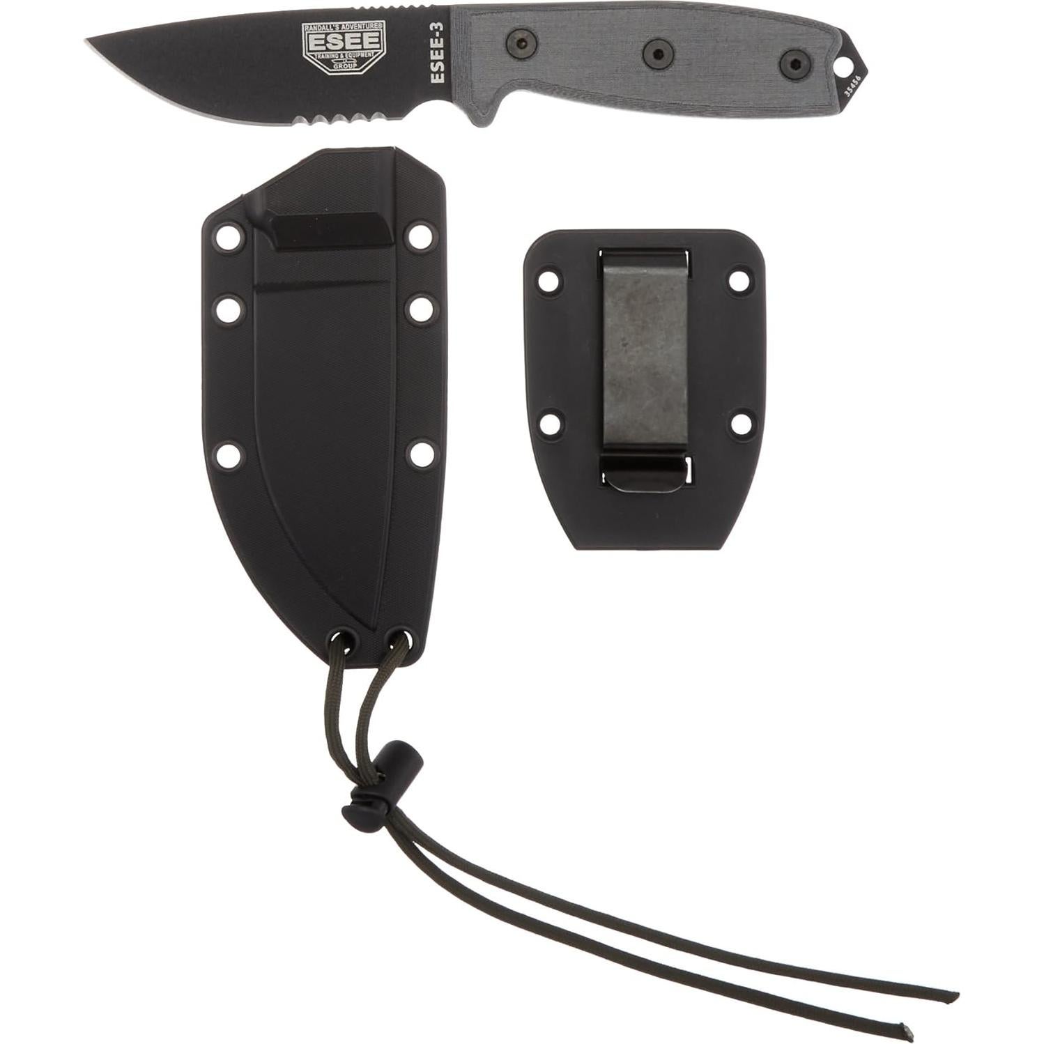 Cuchillo ESEE-3 Negro con Hoja Serrada y Mango de Micarta