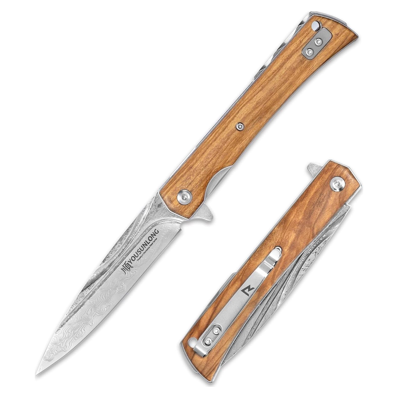 Cuchillo Plegable YOU SUN LONG Damasco Martillado 215mm Oliva