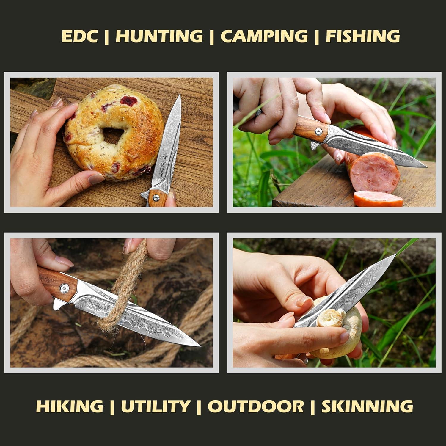 Cuchillo Plegable YOU SUN LONG Damasco Martillado 215mm Oliva