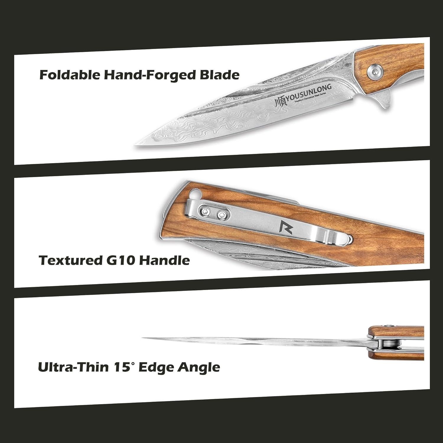 Cuchillo Plegable YOU SUN LONG Damasco Martillado 215mm Oliva