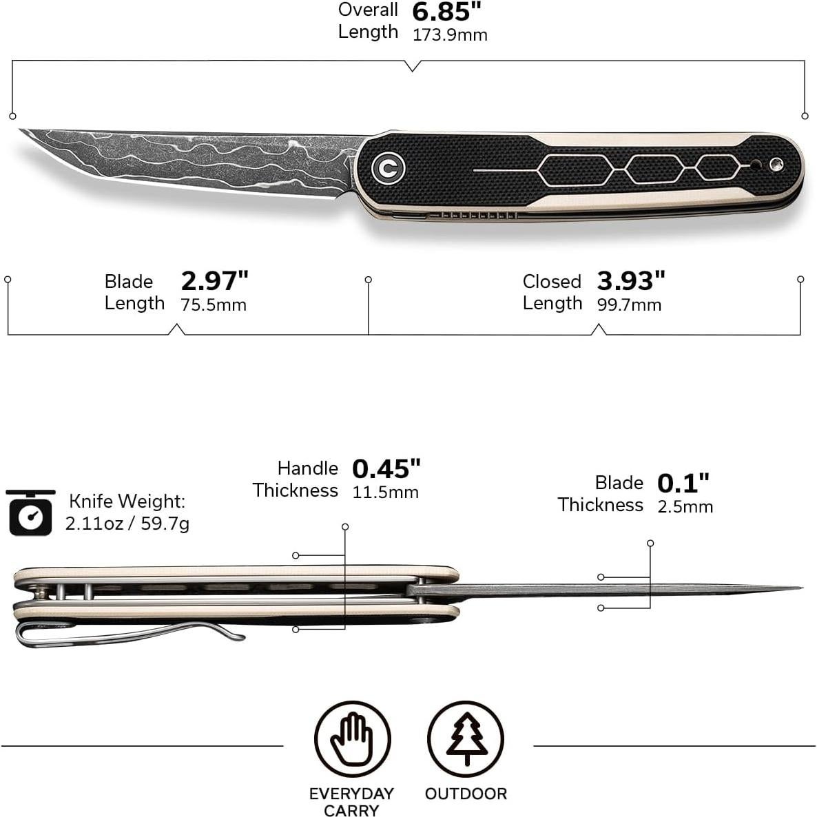 Cuchillo Plegable CIVIVI KwaiQ Damasco 7.54 cm Mango G10