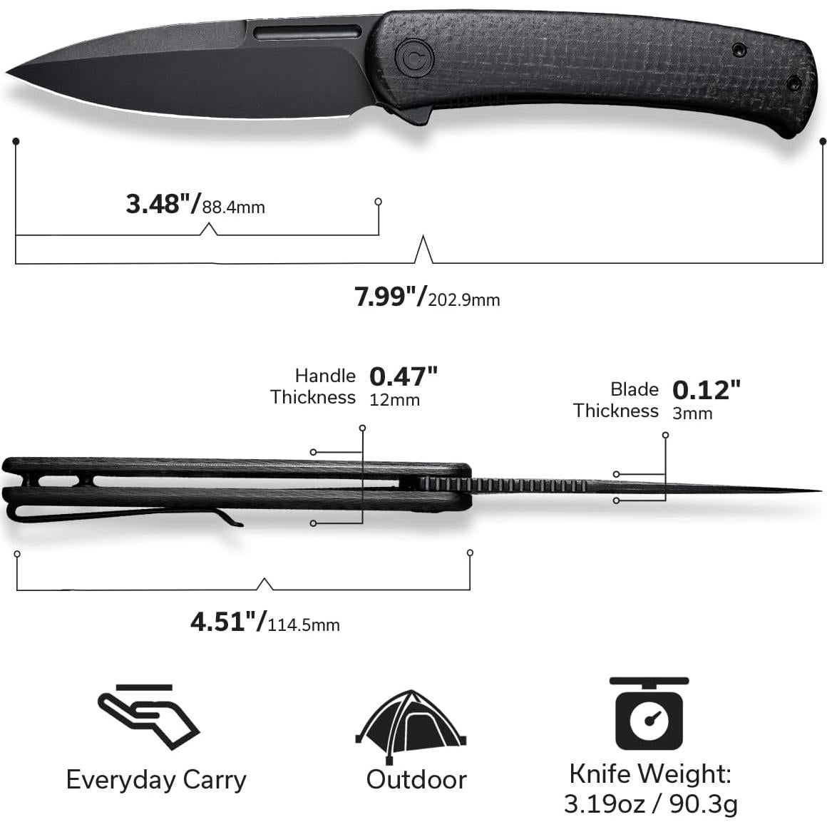 Cuchillo de Bolsillo CIVIVI Caetus 8.83 cm Acero 14C28N Negro
