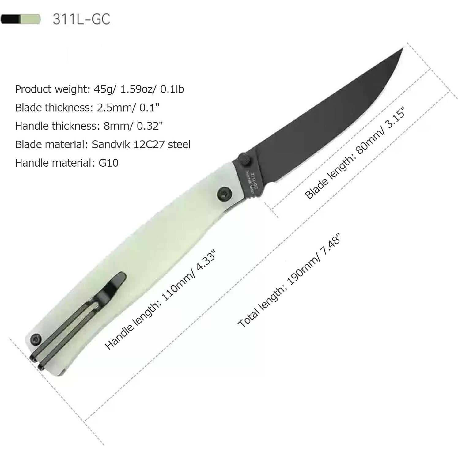 Cuchillo Plegable Sanrenmu 311L Verde 80mm Acero 12C27 EDC