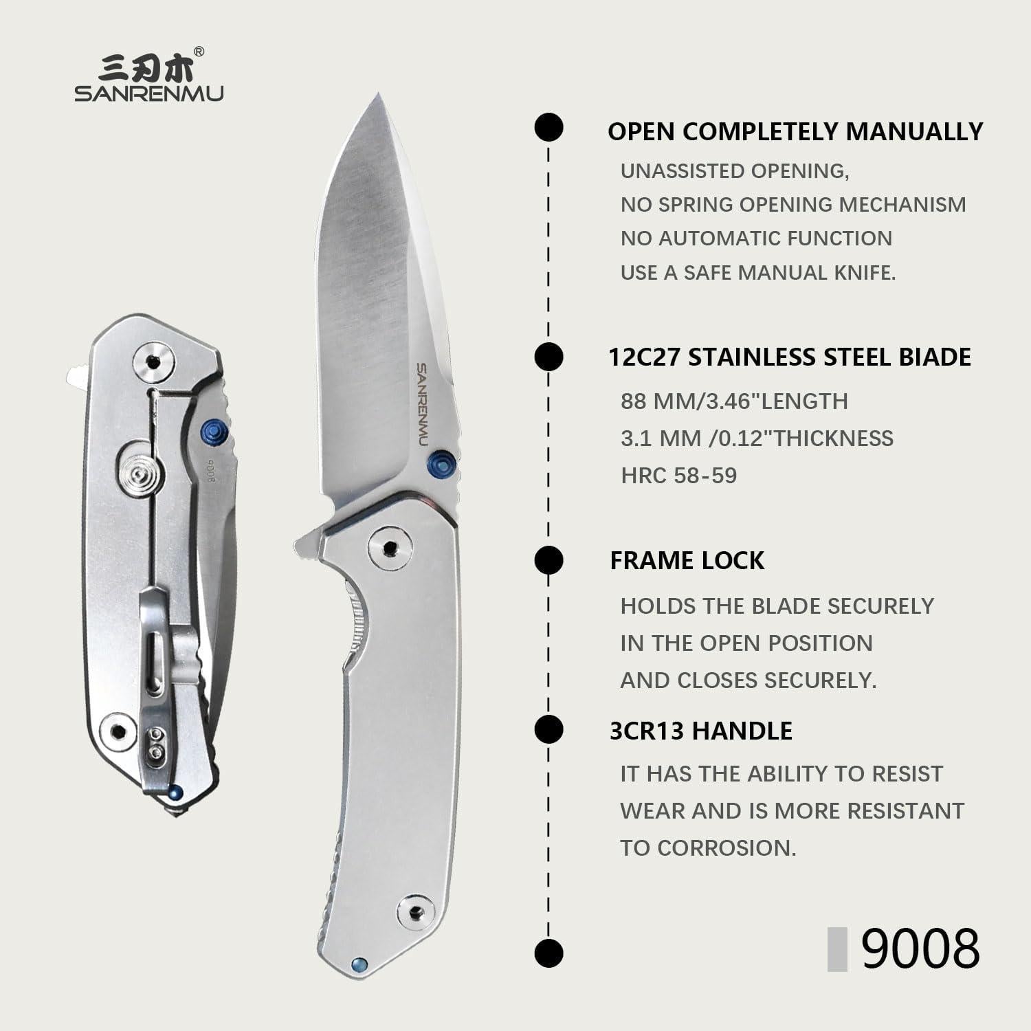 Cuchillo Plegable SANRENMU SRM 9008 Acero Inoxidable 12C27