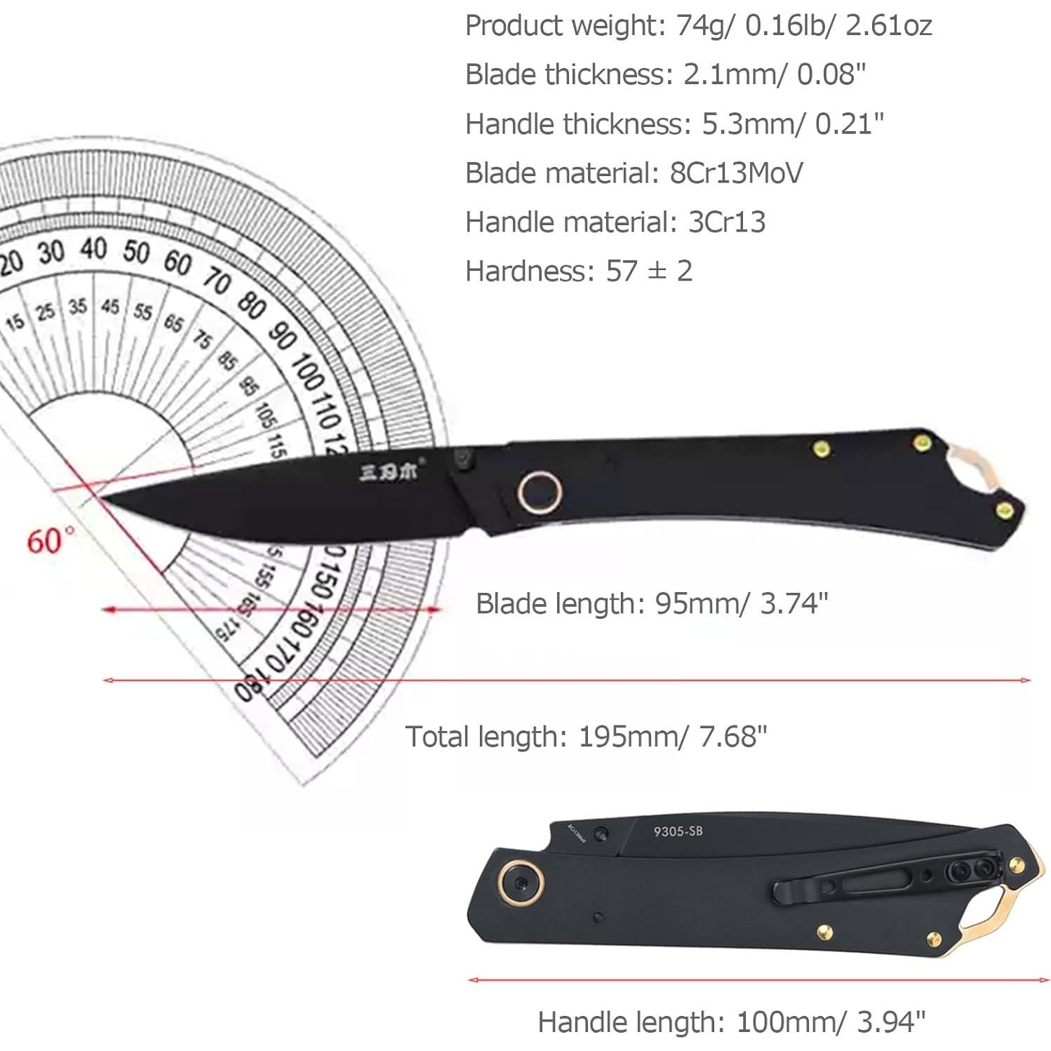 Cuchillo Plegable Sanrenmu 9305 Negro 19.5 cm para Camping