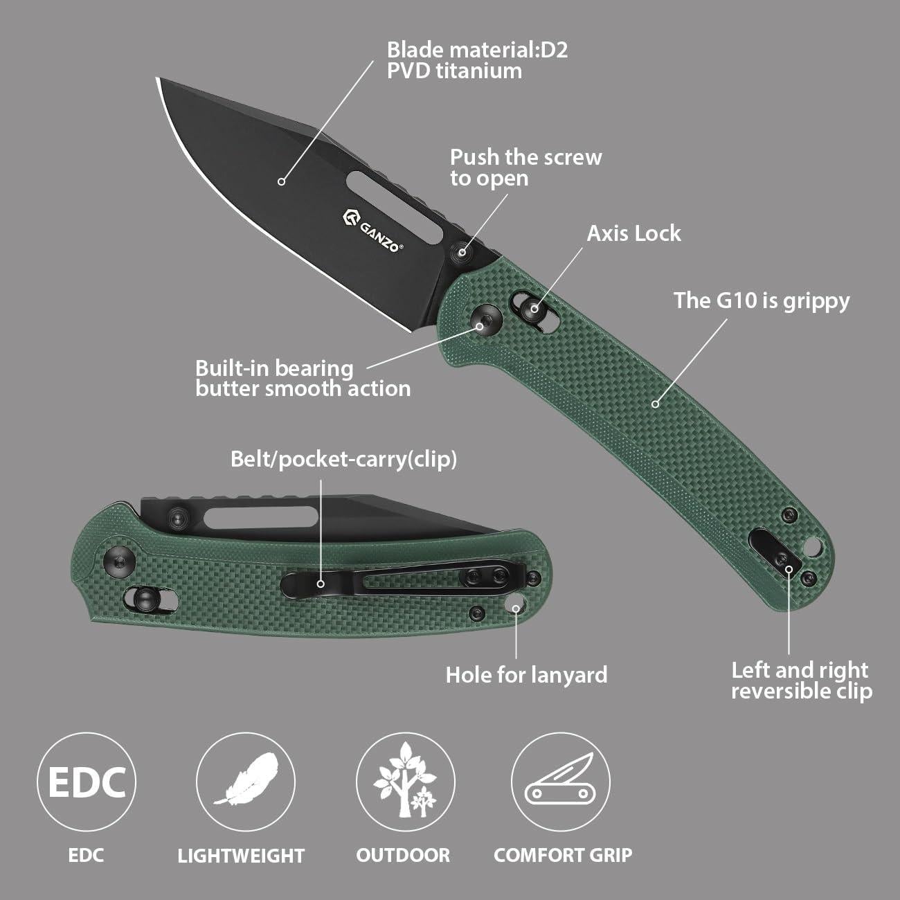 Cuchillo Plegable Ganzo G768PT-GB Acero D2 Verde 20.3 cm