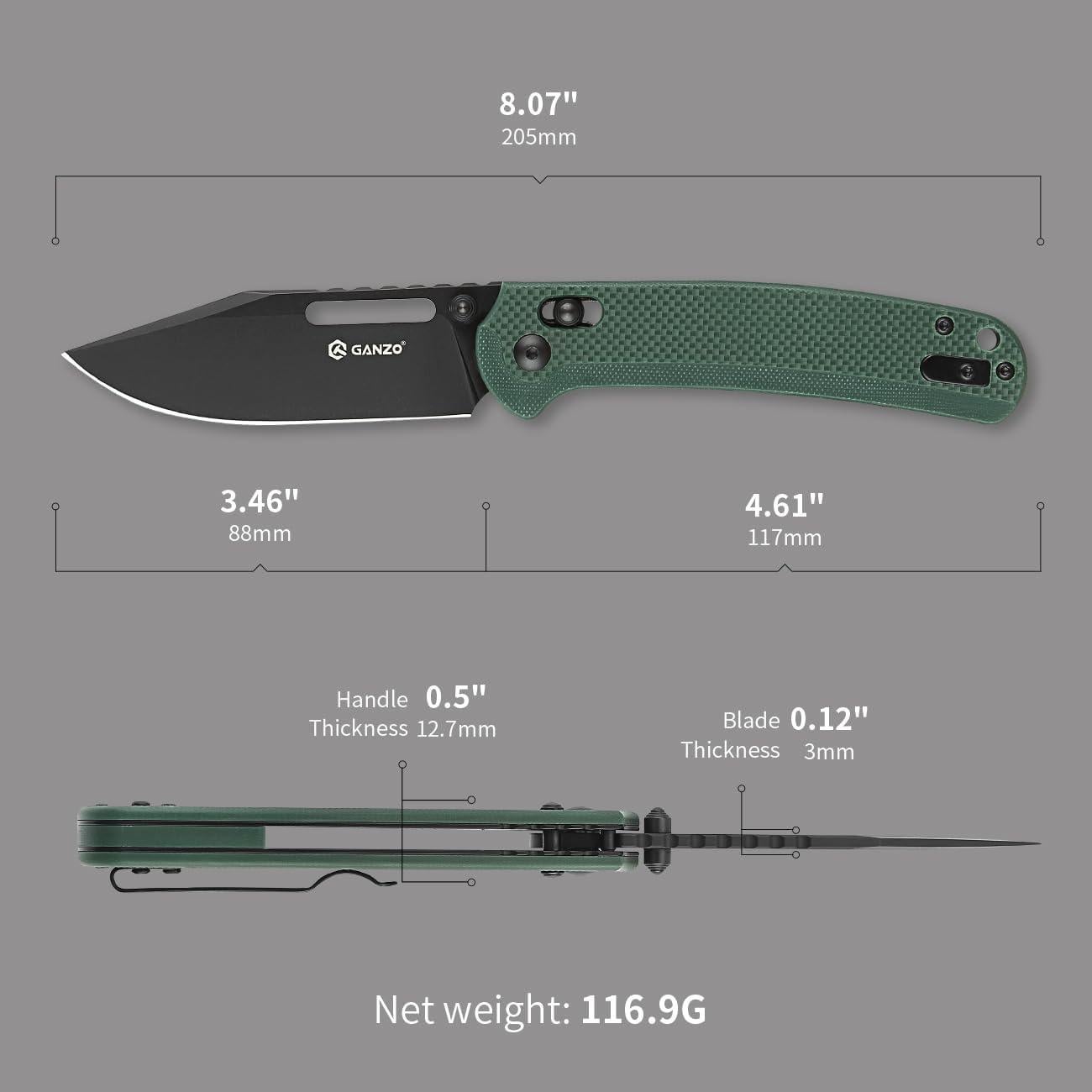 Cuchillo Plegable Ganzo G768PT-GB Acero D2 Verde 20.3 cm