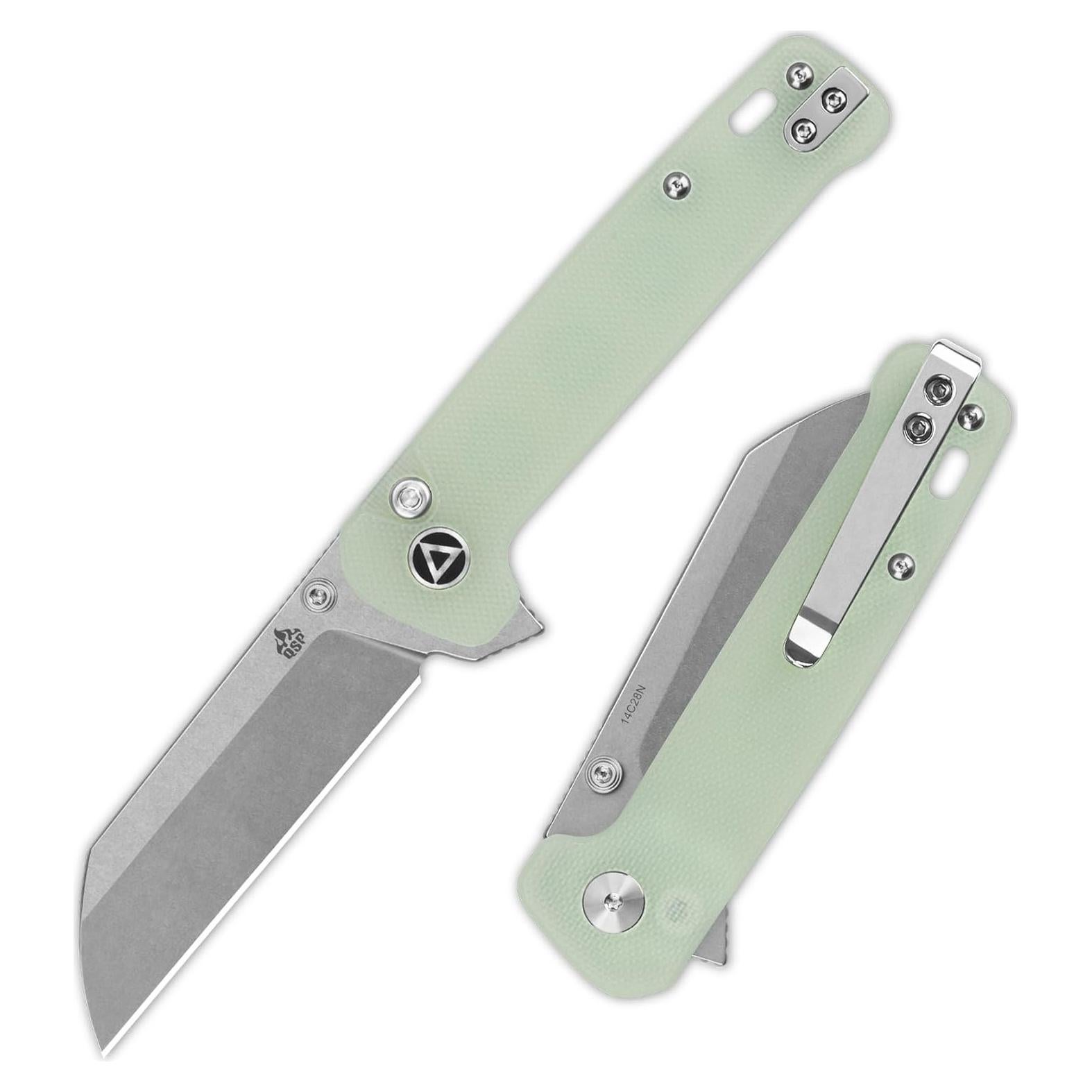 Cuchillo de bolsillo QSP Penguin, hoja 10.16 cm, mango G10 jade