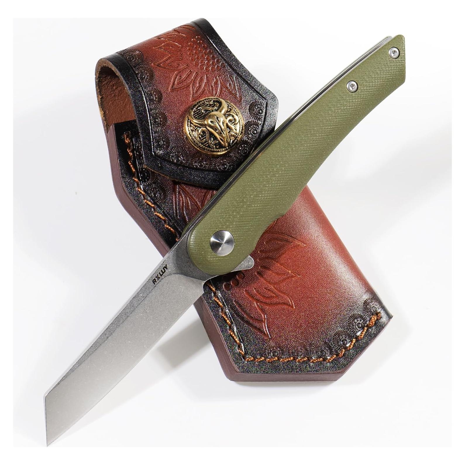 Cuchillo Plegable RXLUY con Funda de Cuero Verde 17.5 cm