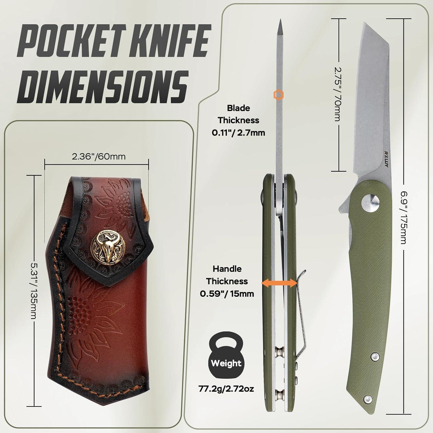 Cuchillo Plegable RXLUY con Funda de Cuero Verde 17.5 cm