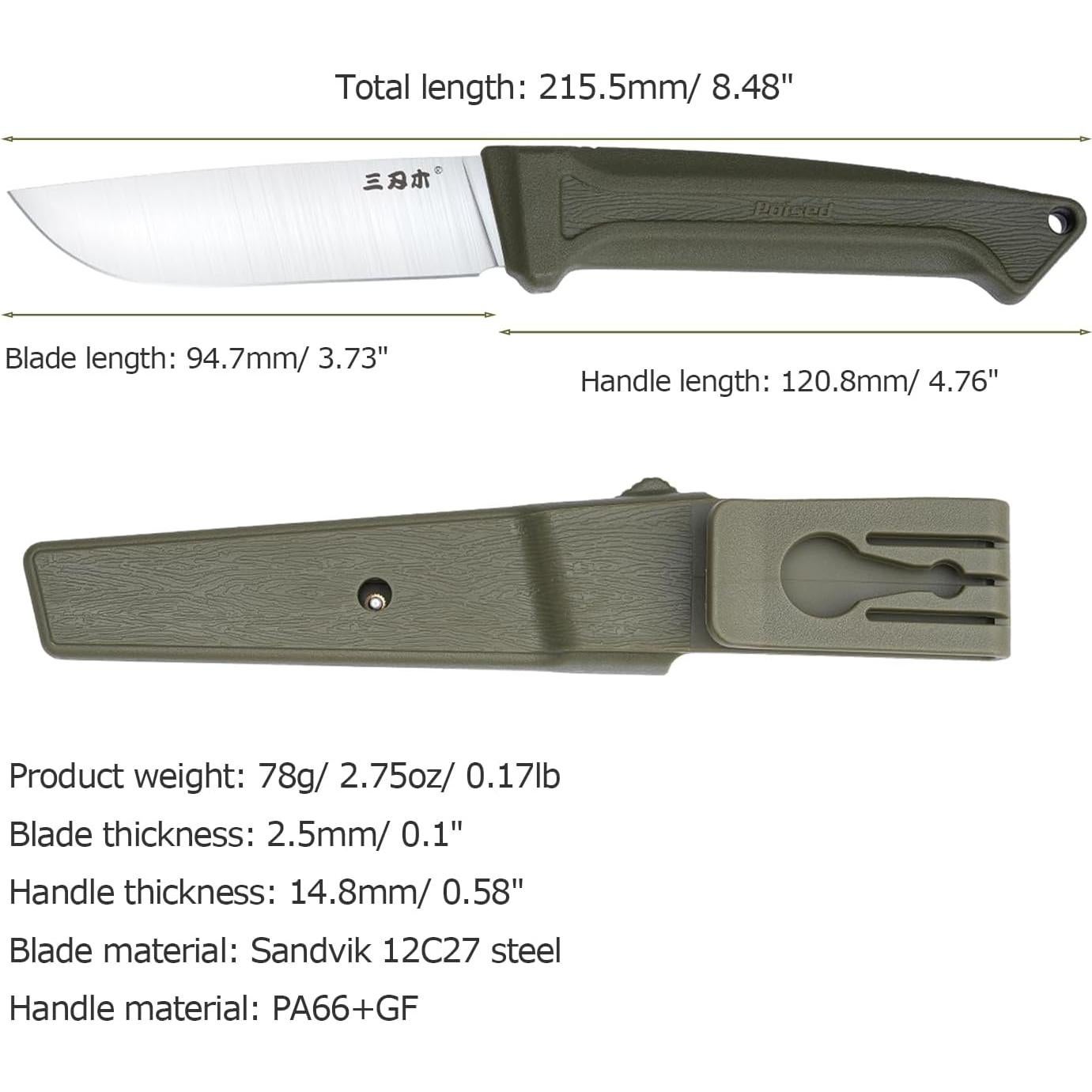 Cuchillo de hoja fija Sanrenmu S708 94.7mm acero 12C27 verde