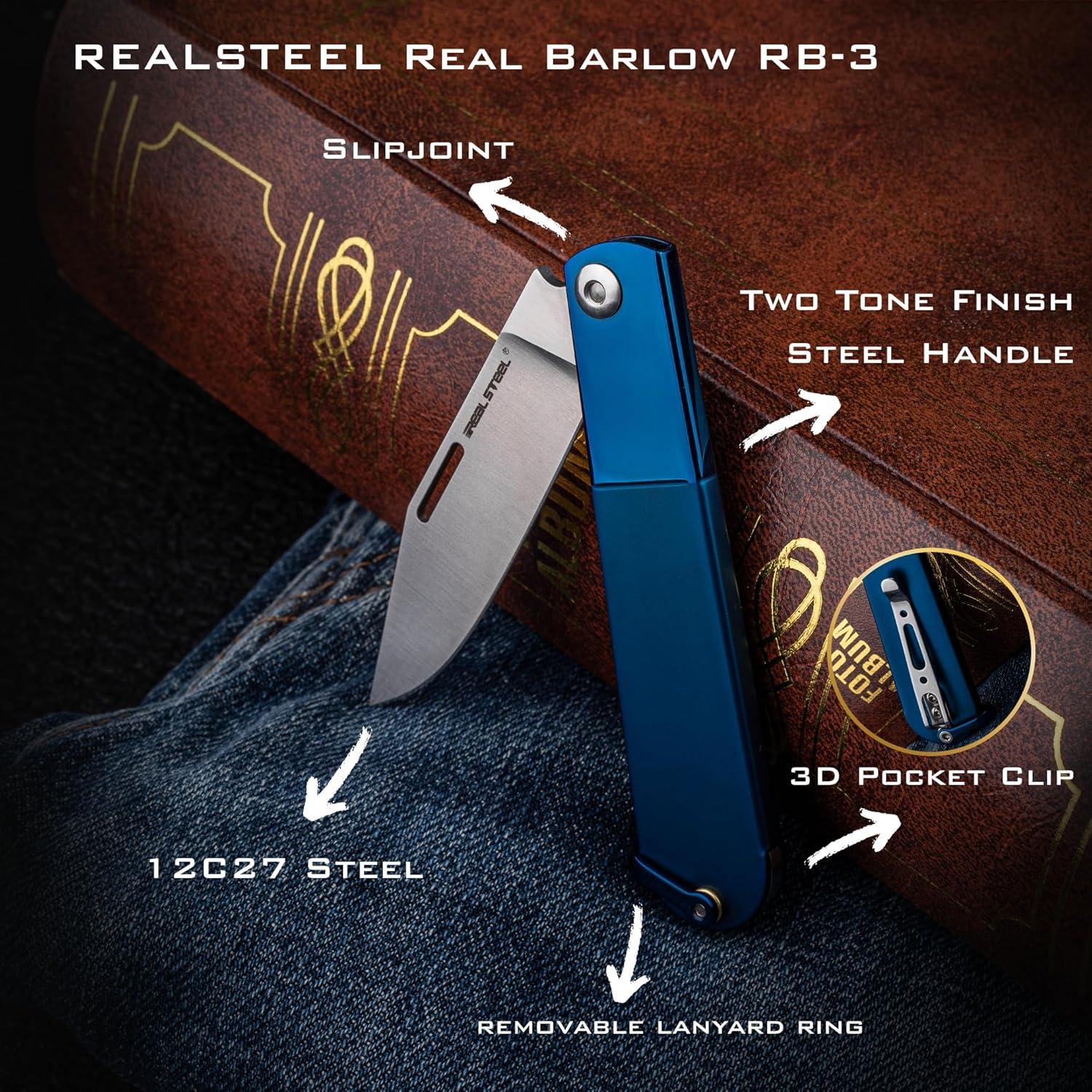 Cuchillo Plegable REALSTEEL RB-3 7.1 cm Acero 12C27 Clip Azul