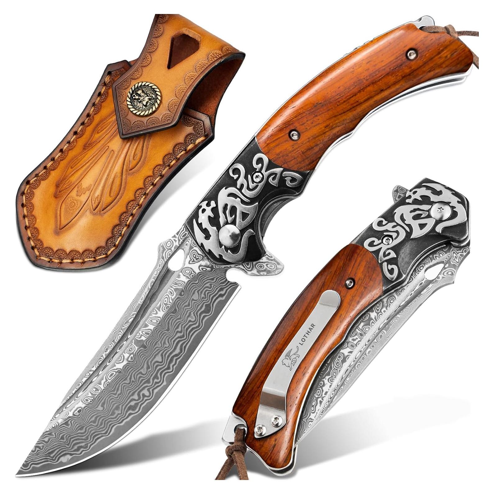 Cuchillo de bolsillo LOTHAR RHAEGAL Damasco 8.6 cm con madera