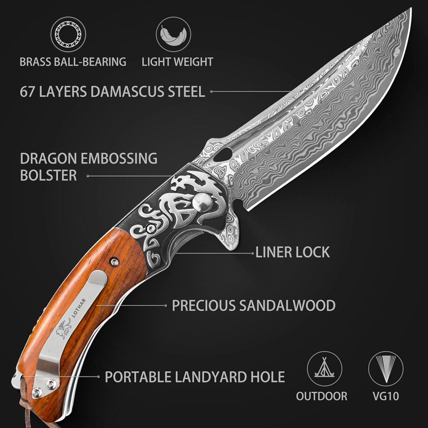 Cuchillo de bolsillo LOTHAR RHAEGAL Damasco 8.6 cm con madera