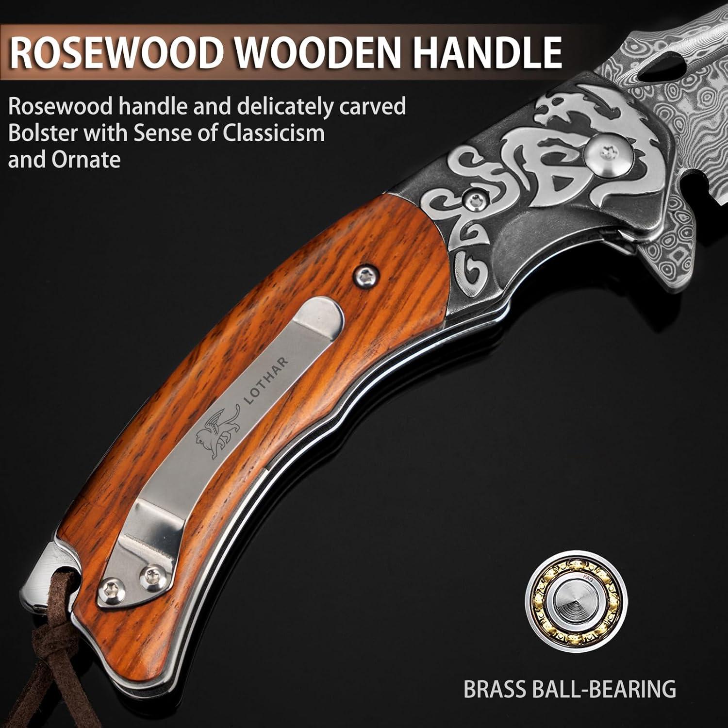 Cuchillo de bolsillo LOTHAR RHAEGAL Damasco 8.6 cm con madera