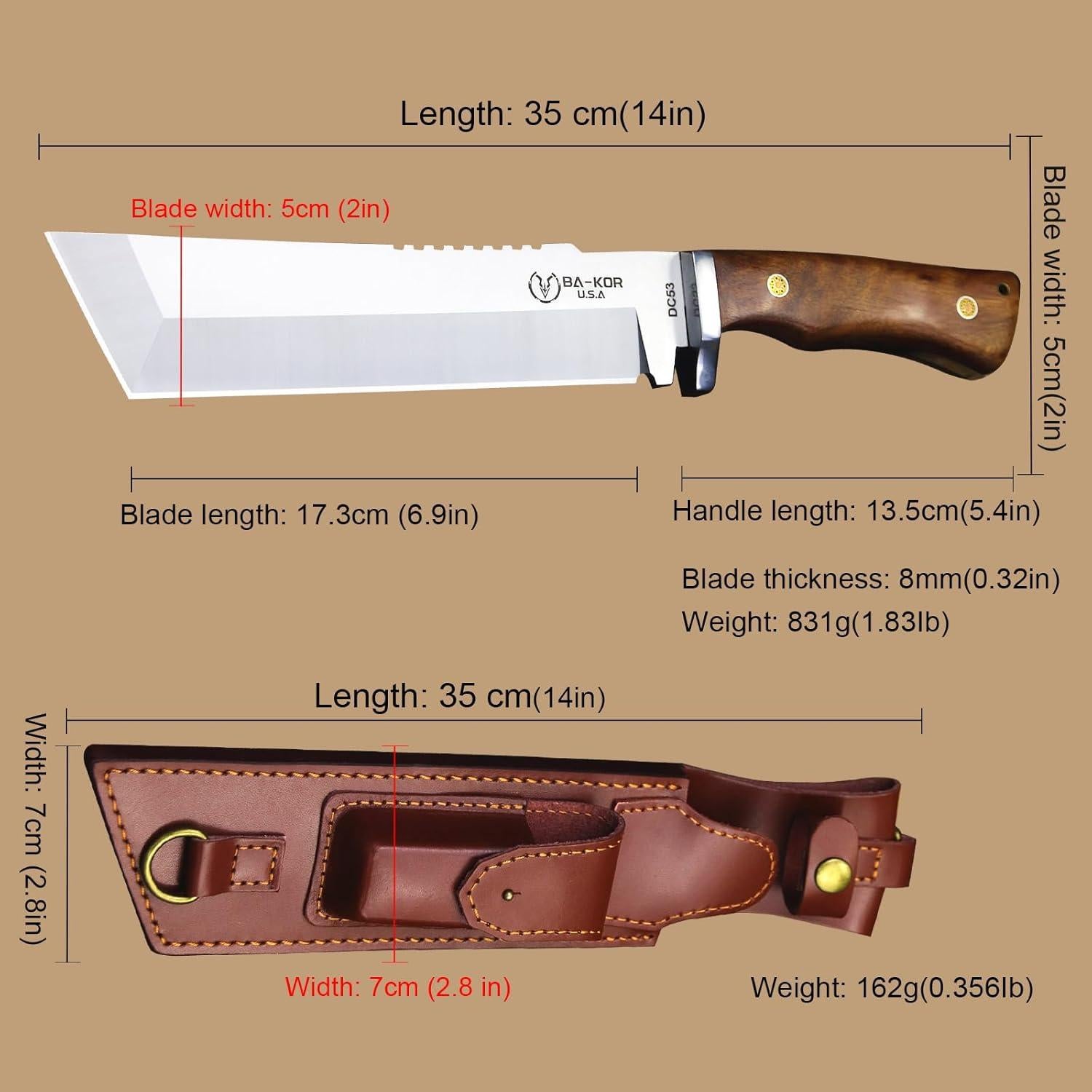 Cuchillo de Caza BA-KOR BA-N2A1 Acero DC53 35cm + Funda + Encendedor