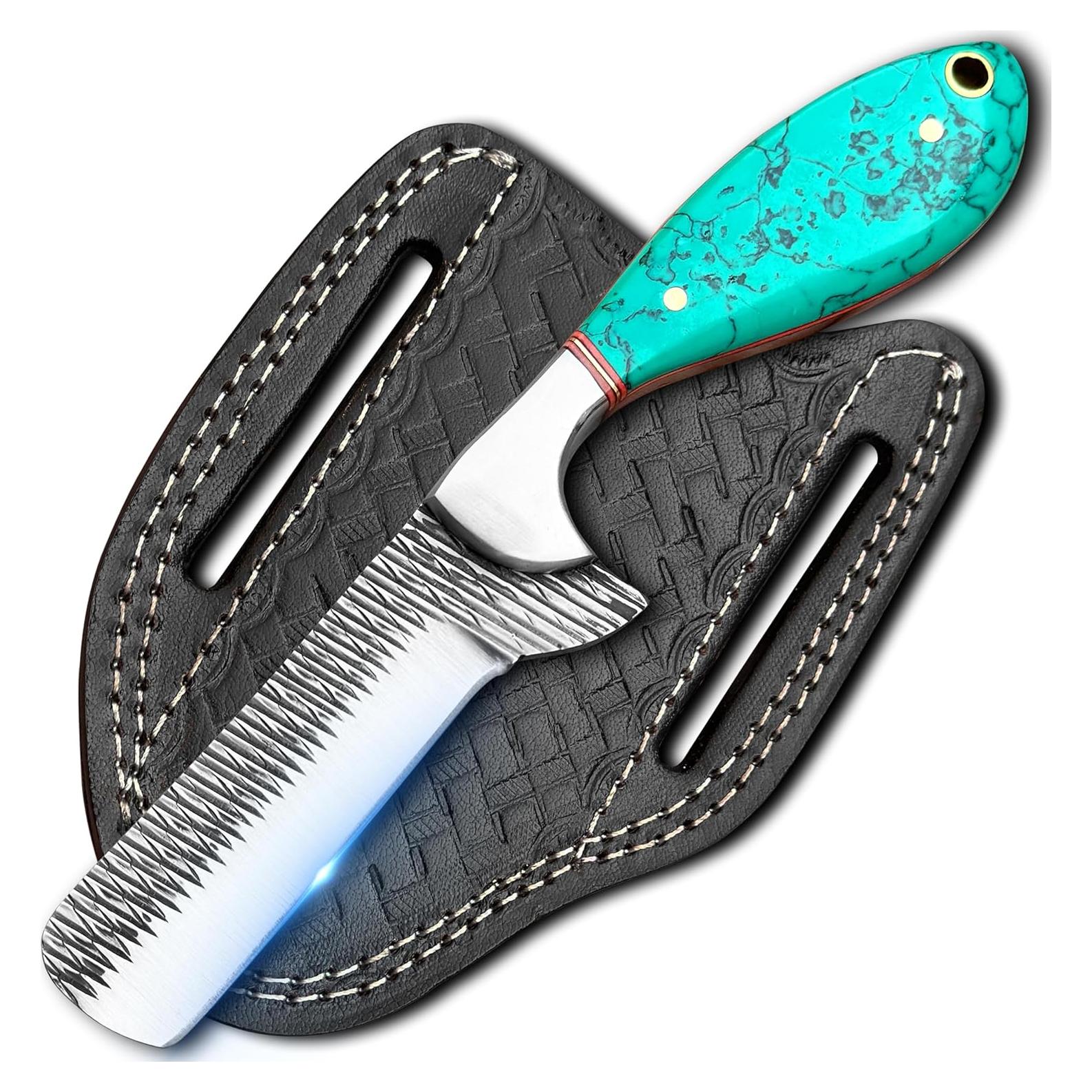 Cuchillo de caza Damasco HN Knives 17.78 cm con funda de cuero