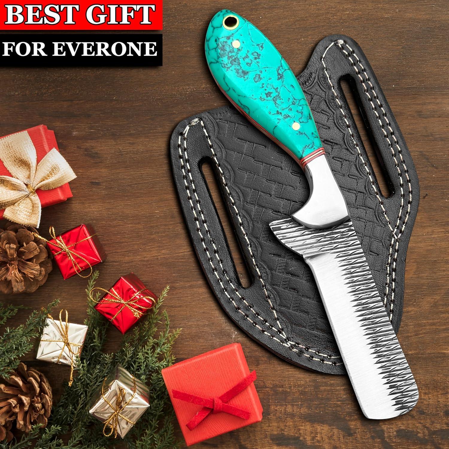 Cuchillo de caza Damasco HN Knives 17.78 cm con funda de cuero