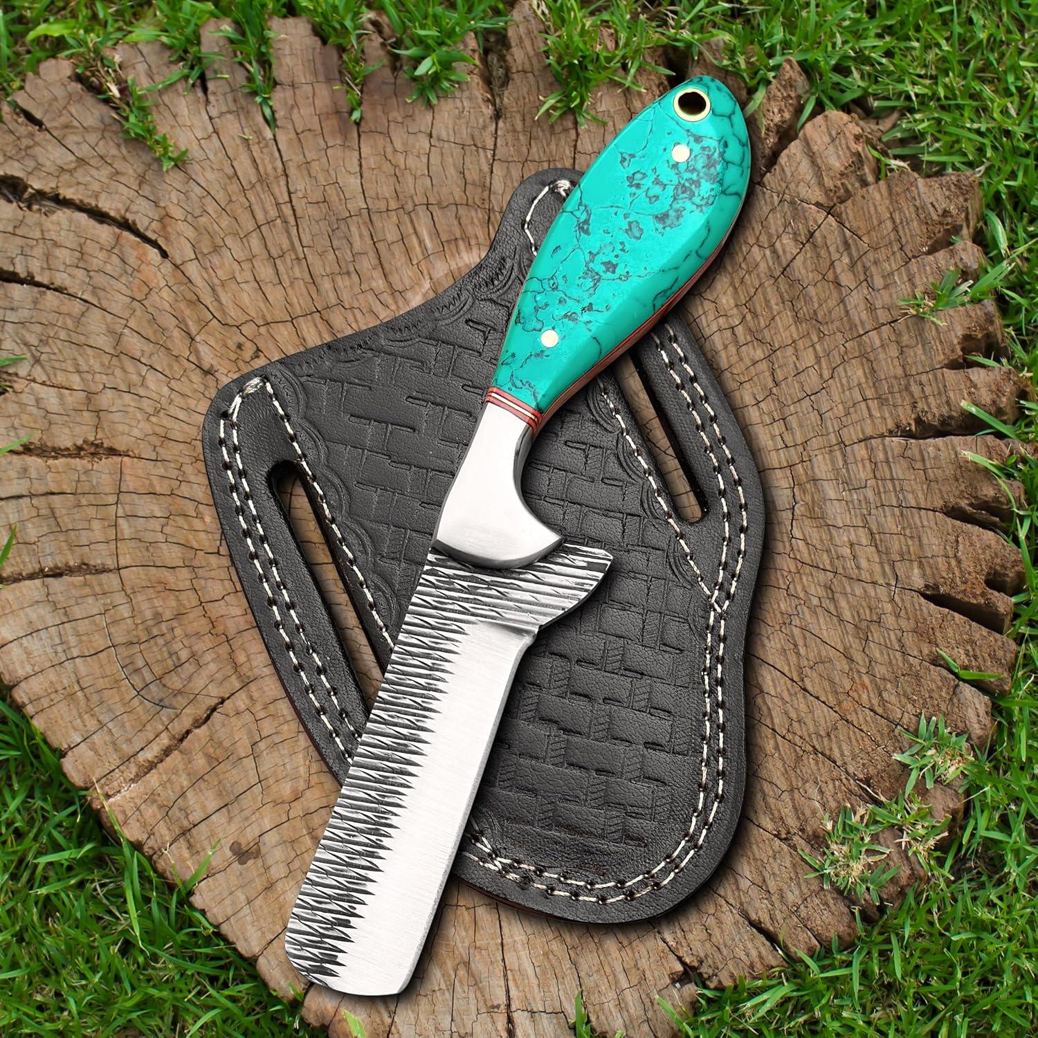 Cuchillo de caza Damasco HN Knives 17.78 cm con funda de cuero