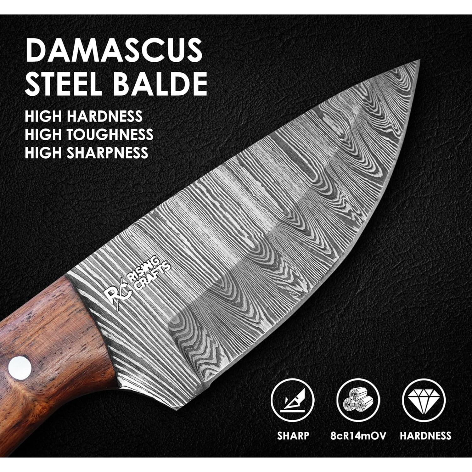 Cuchillo de Caza RISING CRAFTS Damasco 20.32 cm con Funda