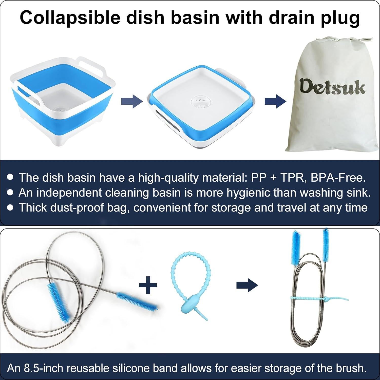 Kit de Limpieza para Mangueras CPAP Detsuk - Cepillo 7 pies y Bañera Plegable