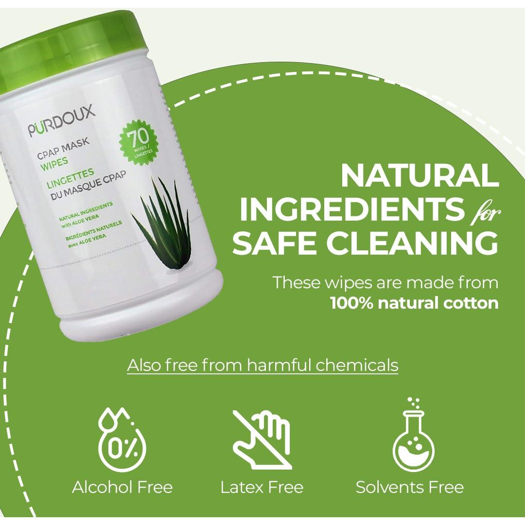 Toallitas CPAP PURDOUX 100% Algodón Aloe Vera 70 Unidades