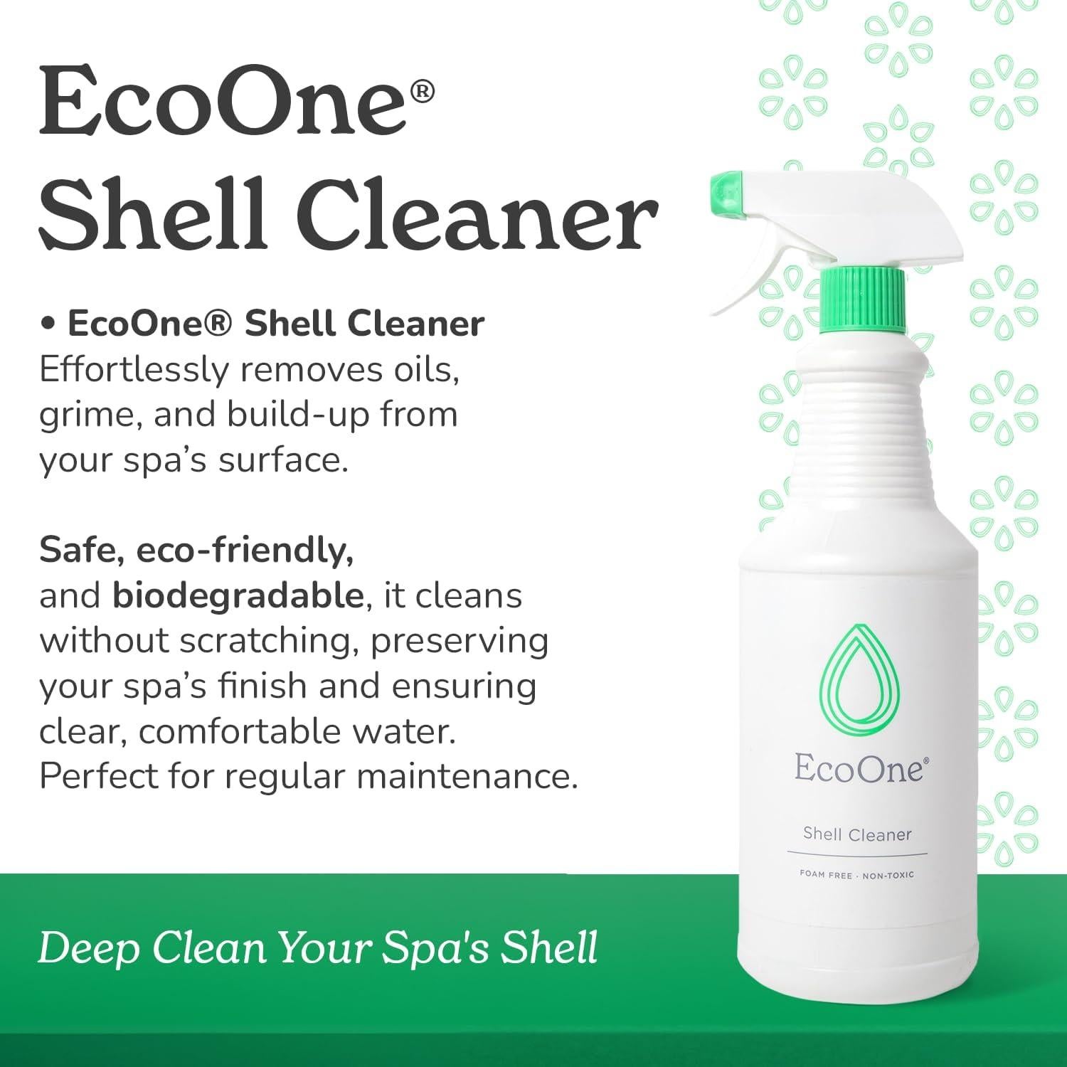 Shell Cleaner by EcoOne | All-Natural, Fragrance-Free Spa & Hot Tub Surface Cleaner | Hot Tub Shell Cleaner Removes Scum, Grime, & Stains | Foam-Free Spray-and-Wipe Hot Tub Cleaner, 32 Oz