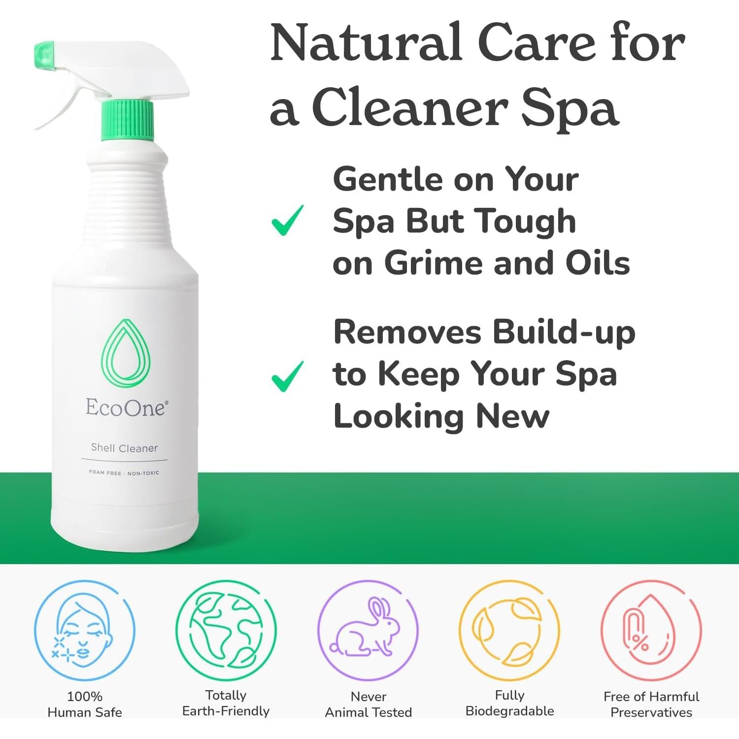 Shell Cleaner by EcoOne | All-Natural, Fragrance-Free Spa & Hot Tub Surface Cleaner | Hot Tub Shell Cleaner Removes Scum, Grime, & Stains | Foam-Free Spray-and-Wipe Hot Tub Cleaner, 32 Oz