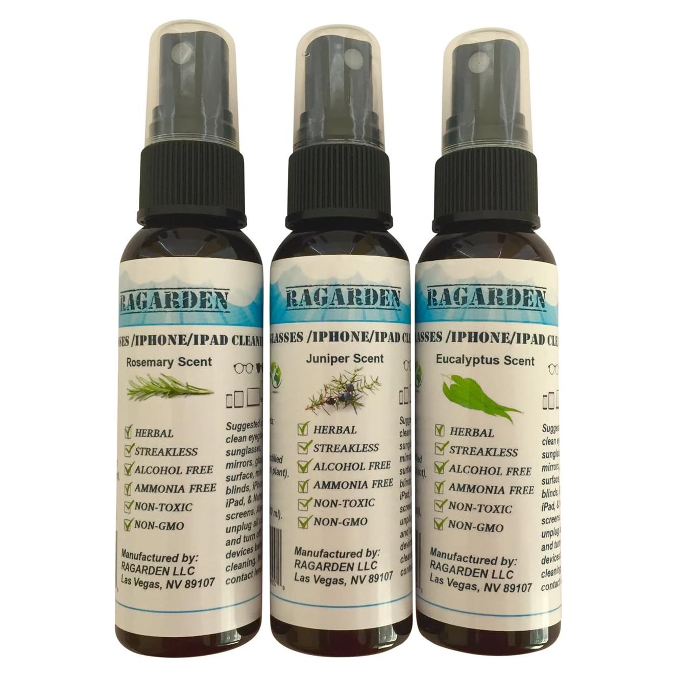 Limpiador de Gafas RAGARDEN - Combo 3 Botellas 60 ml Eucalipto, Romero, Junípero