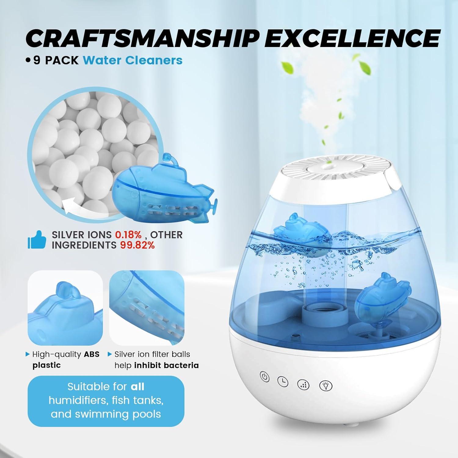 puxyblue 9-Pack Humidifier Tank Cleaner Blue Small Submarine Fit for Most Humidifiers and Fish Tanks, Purifies Water, Prevents Hard Water Build Up, Eliminates White Dust and Odours