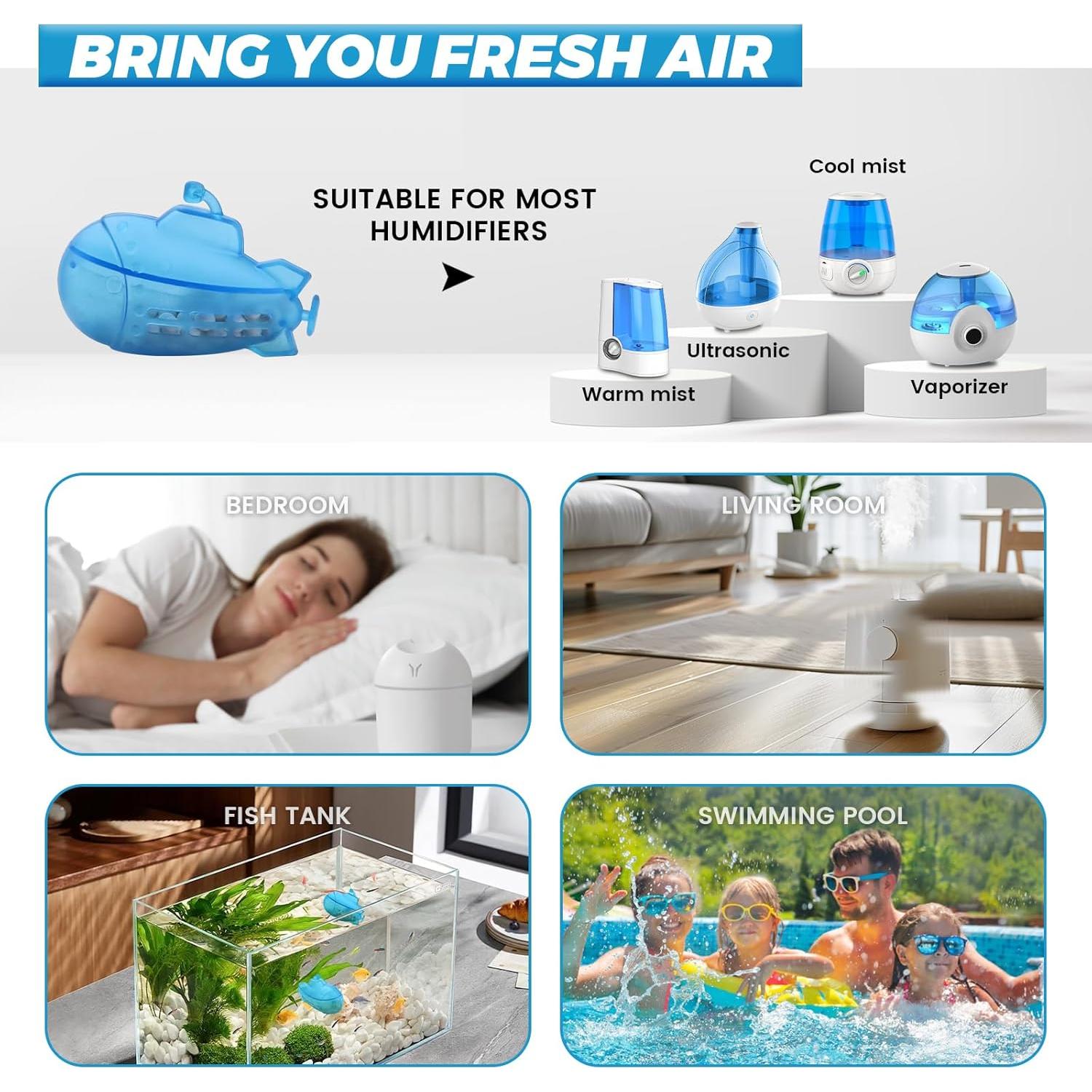 puxyblue 9-Pack Humidifier Tank Cleaner Blue Small Submarine Fit for Most Humidifiers and Fish Tanks, Purifies Water, Prevents Hard Water Build Up, Eliminates White Dust and Odours