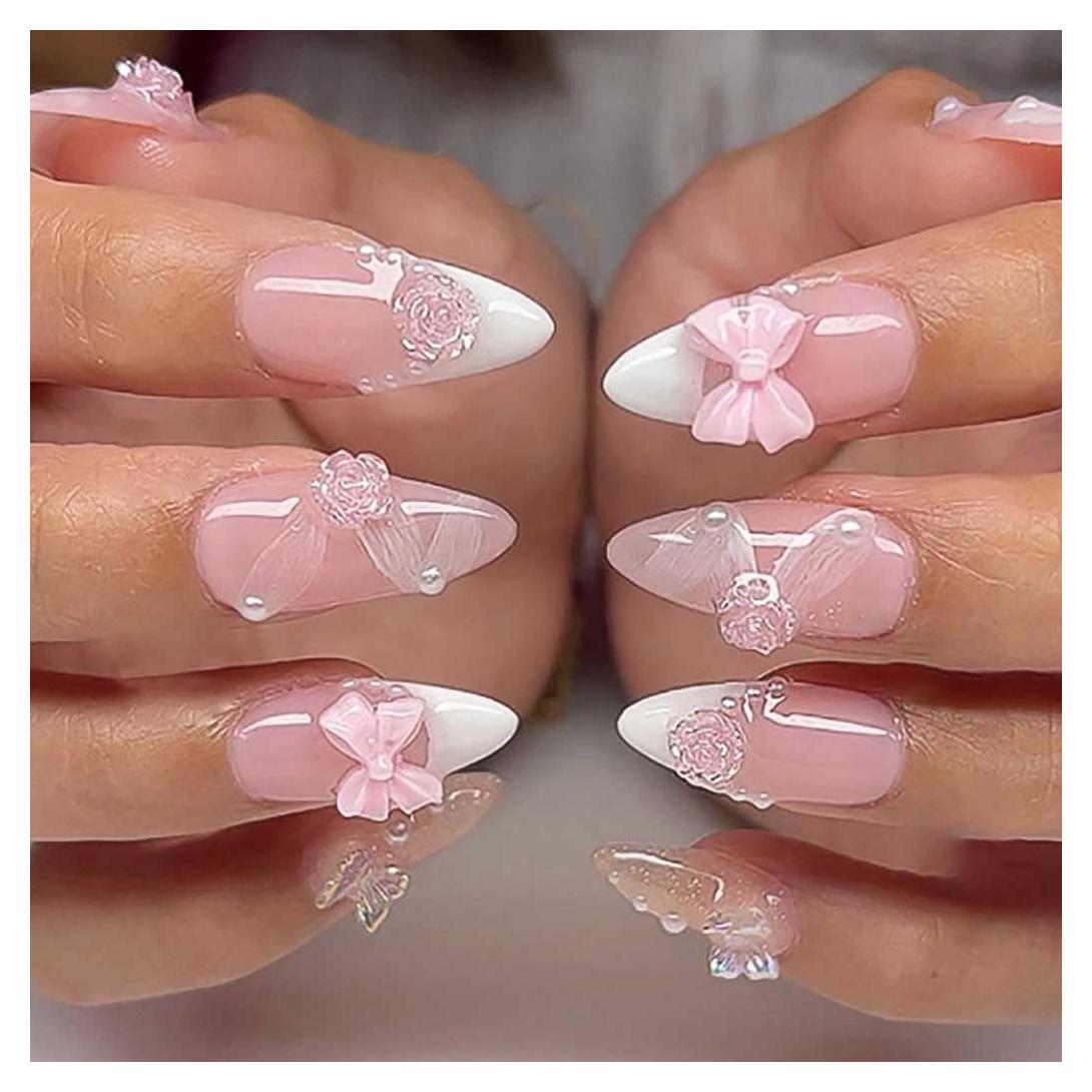Uñas Falsas Rosa Foccna 24pcs Almendra con Flores 3D