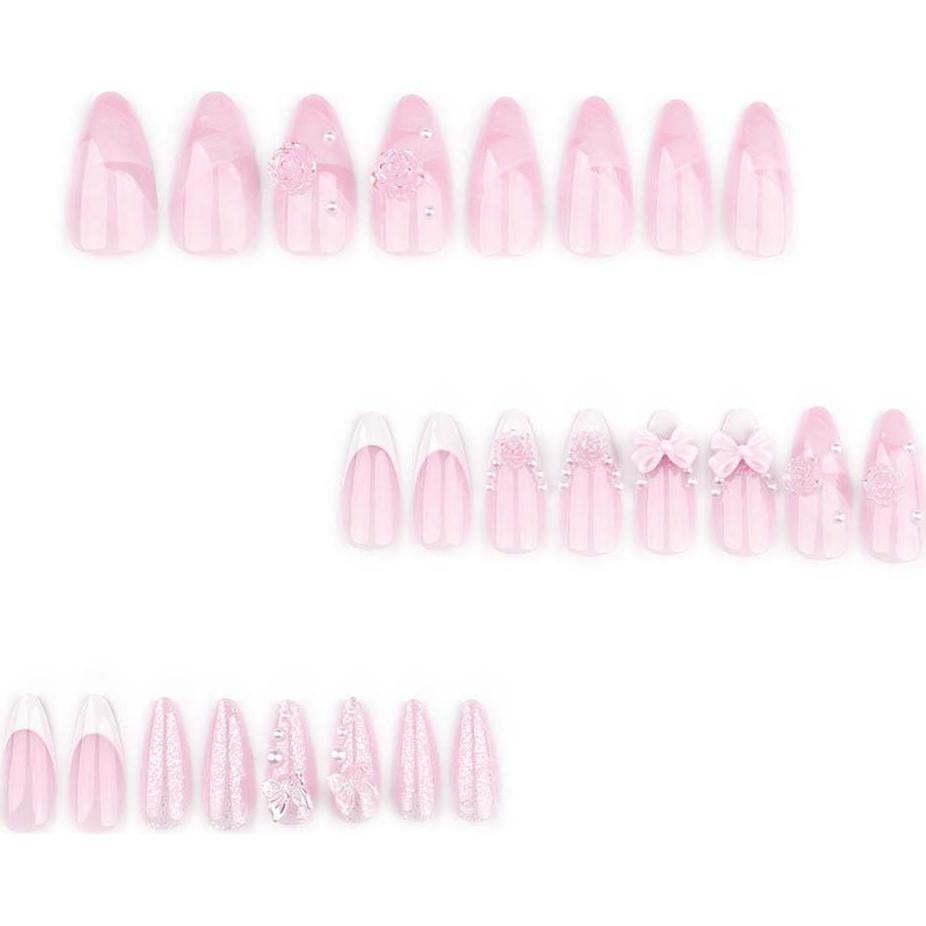 Uñas Falsas Rosa Foccna 24pcs Almendra con Flores 3D