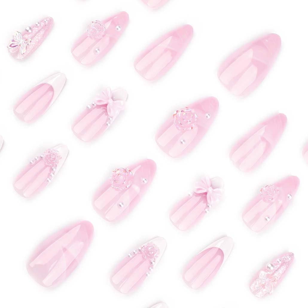 Uñas Falsas Rosa Foccna 24pcs Almendra con Flores 3D