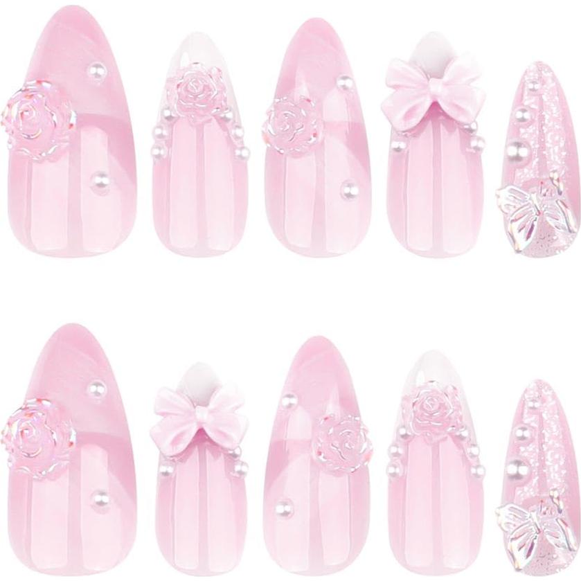 Uñas Falsas Rosa Foccna 24pcs Almendra con Flores 3D