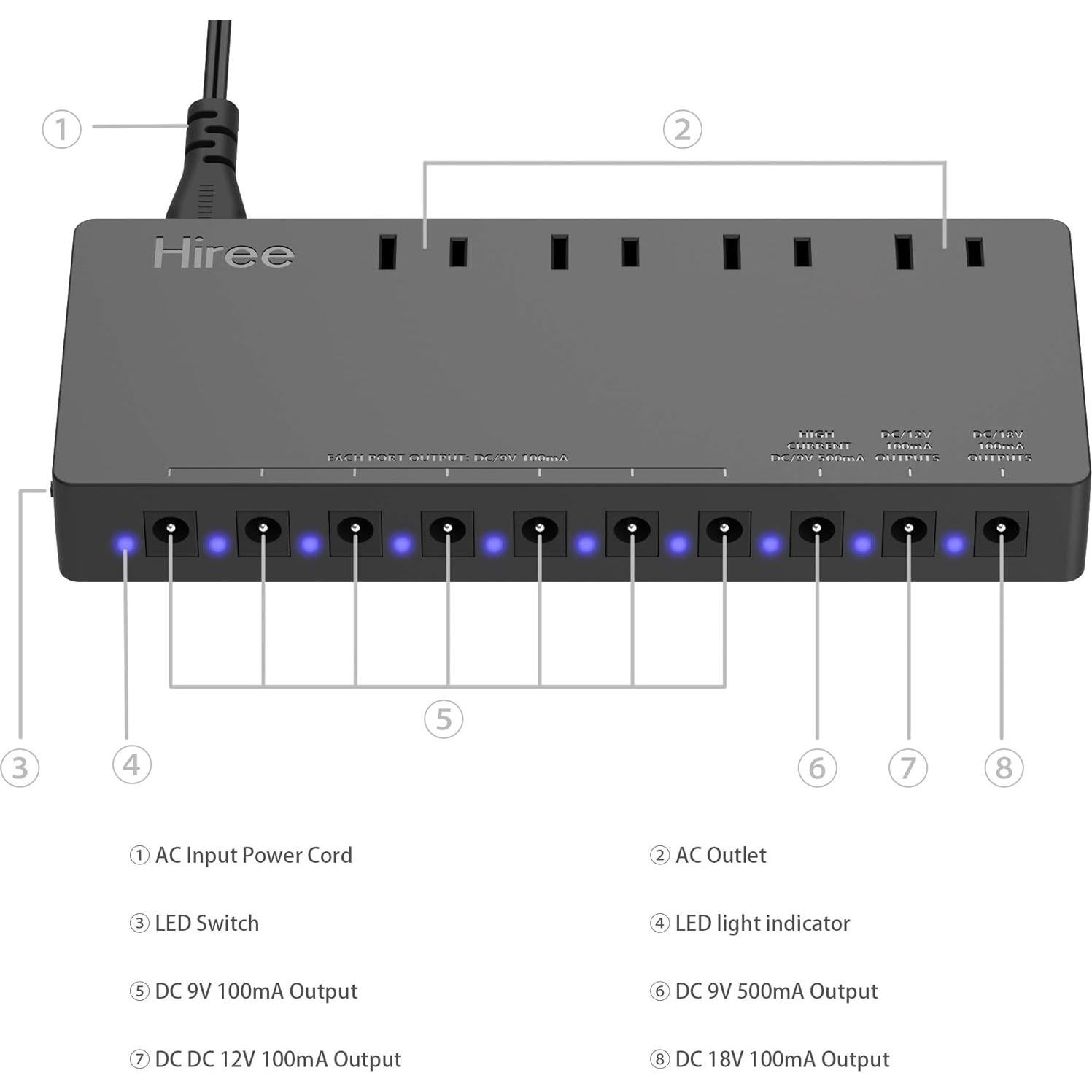 Fuente de Alimentación Hiree para Pedales de Guitarra 10 Salidas DC 9V/12V/18V