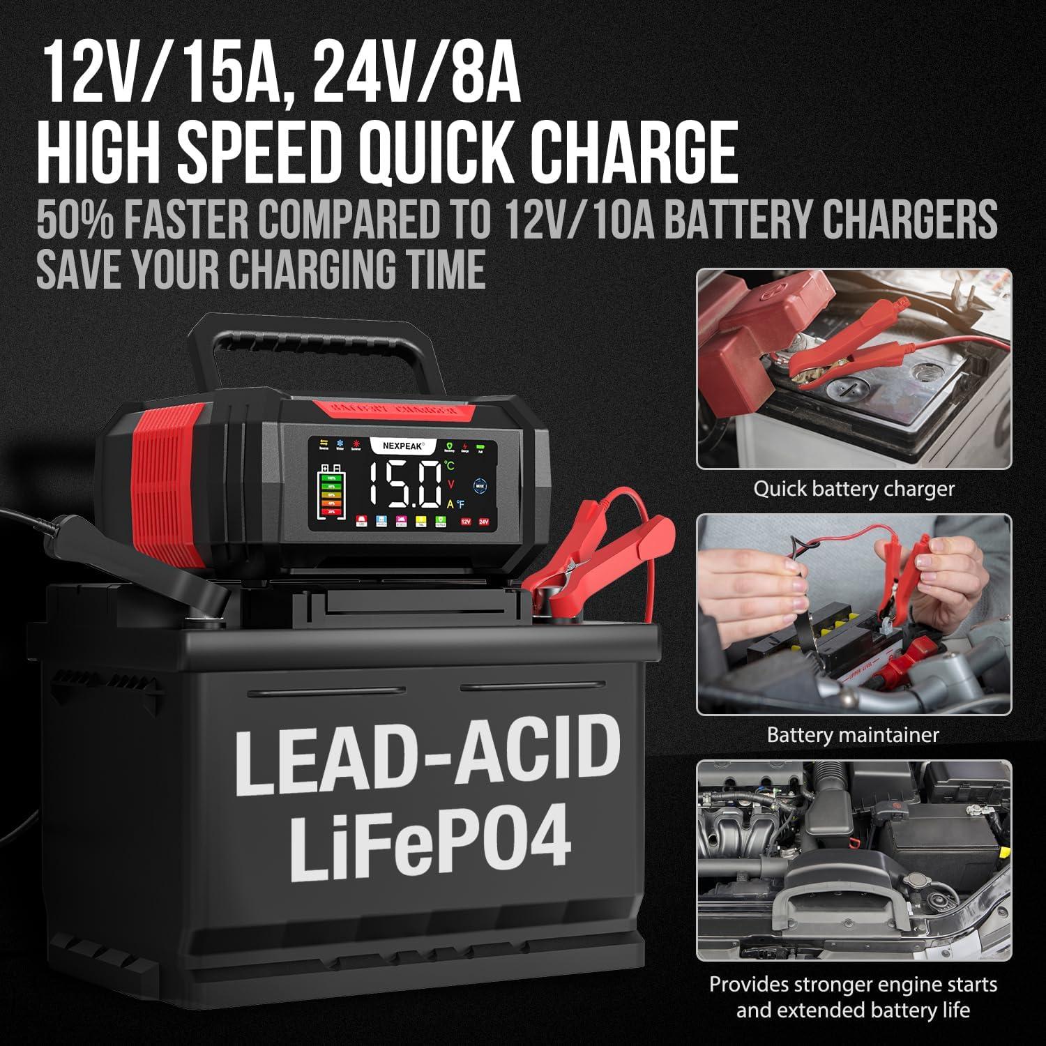 Cargador de Batería NEXPEAK 15A 12V/24V Inteligente 9 Etapas