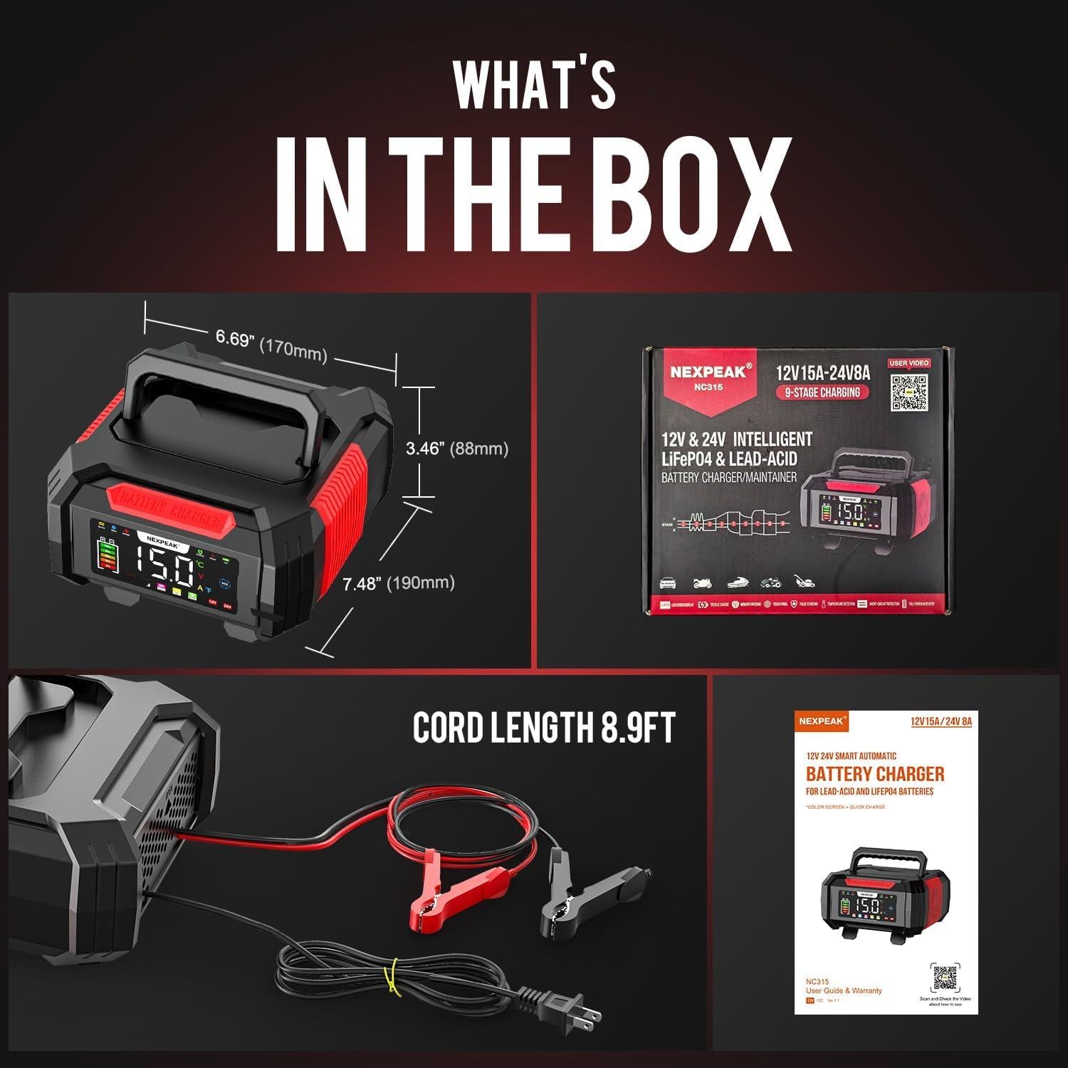 Cargador de Batería NEXPEAK 15A 12V/24V Inteligente 9 Etapas