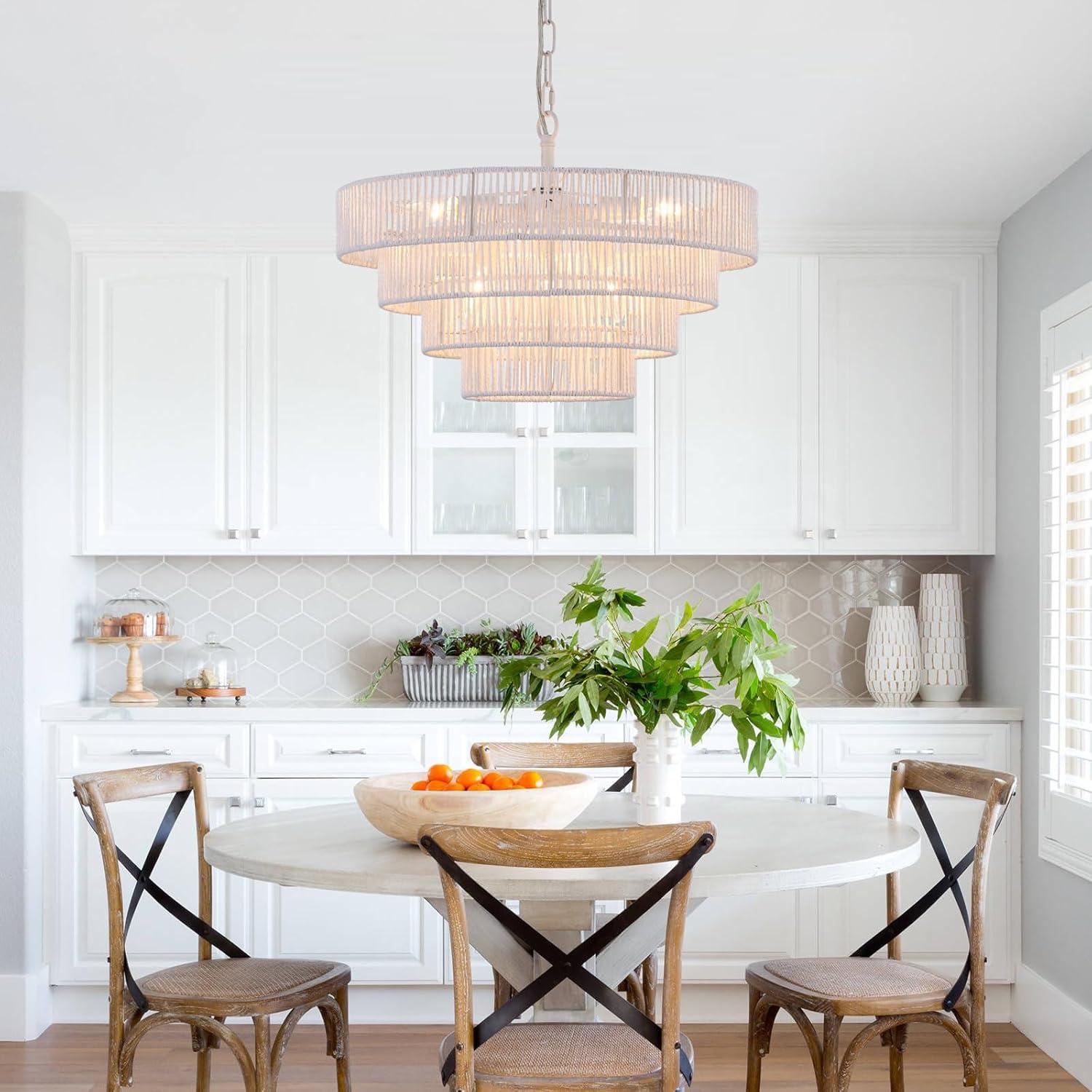 Lámpara Colgante de Ratán Tejido Elyccupa 6 Luces Blanca