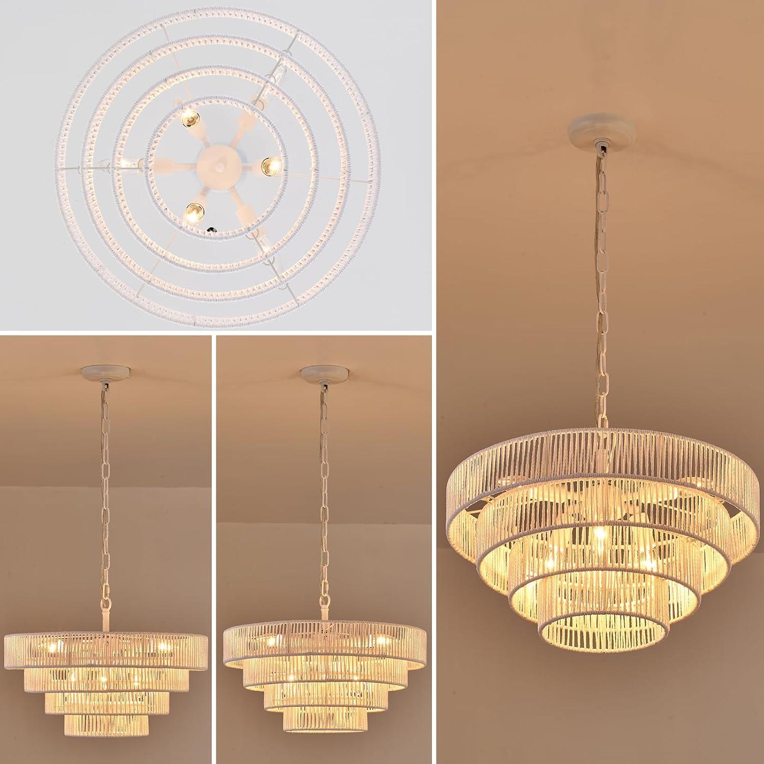 Lámpara Colgante de Ratán Tejido Elyccupa 6 Luces Blanca