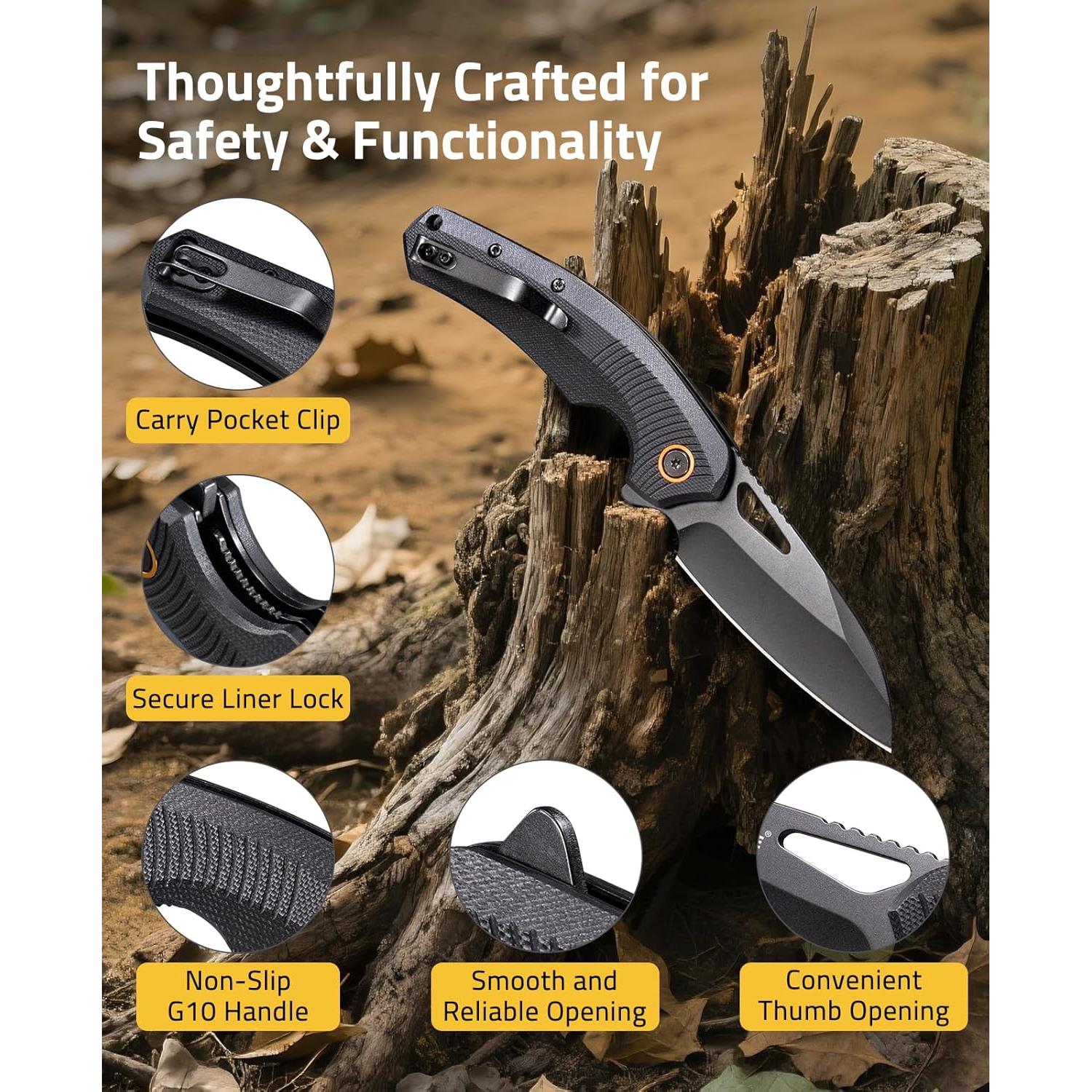 Cuchillo de bolsillo CVLIFE G10 7.6 cm plegable negro EDC