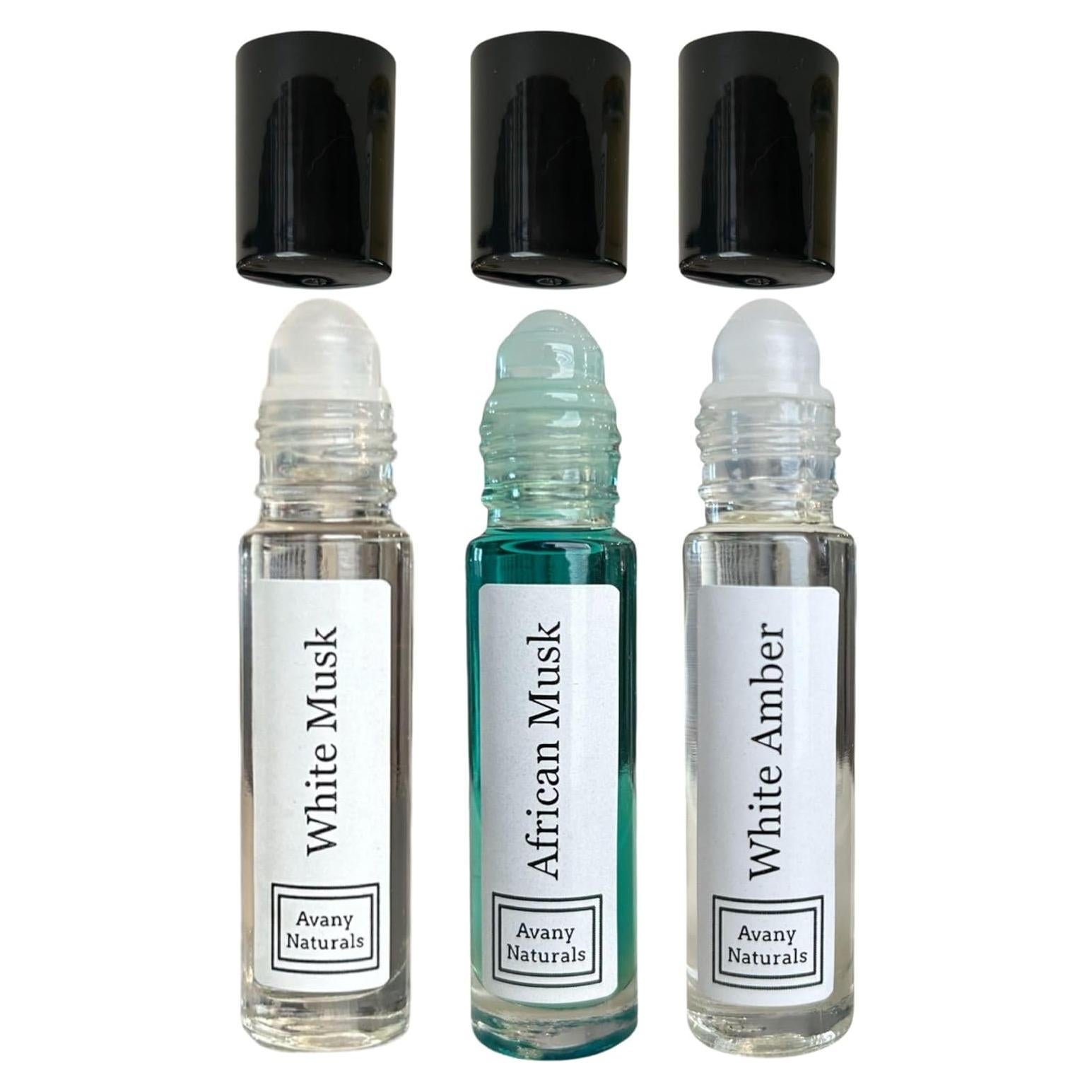 Juego de 3 Aceites Corporales Unisex - Almizcle WAA, Ámbar Africano, Blanco