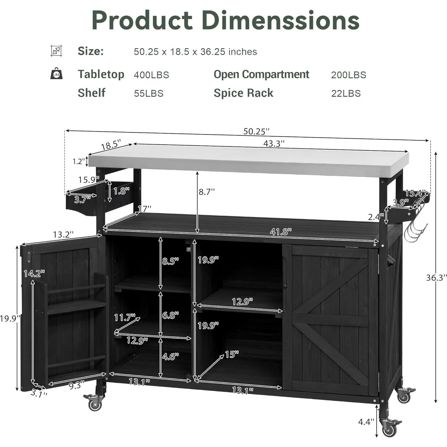 Isla de Cocina Exterior Andehomy Carrito de Bar Móvil 127.6 cm