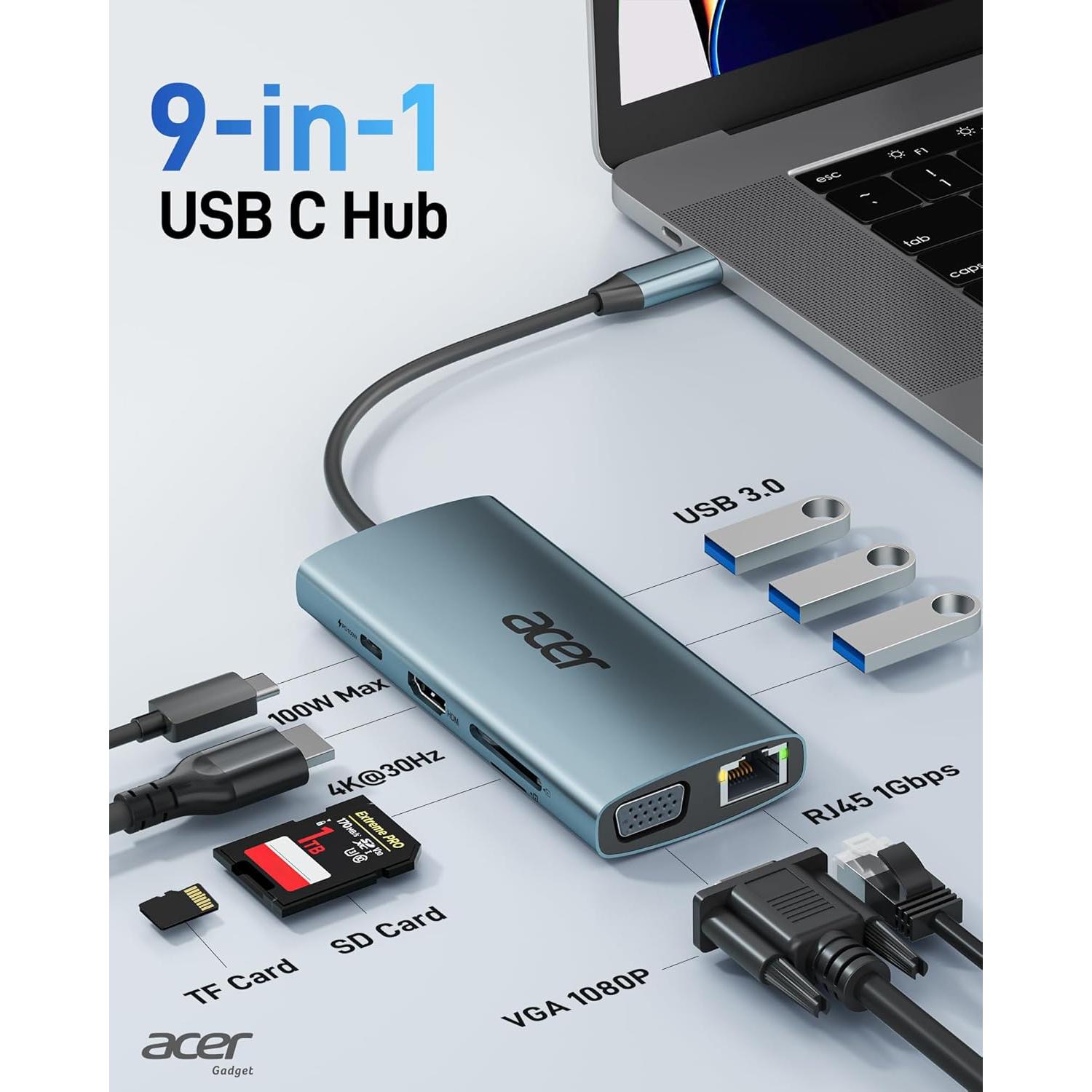 Hub USB C Acer ODK390 9-en-1 HDMI 4K y Ethernet