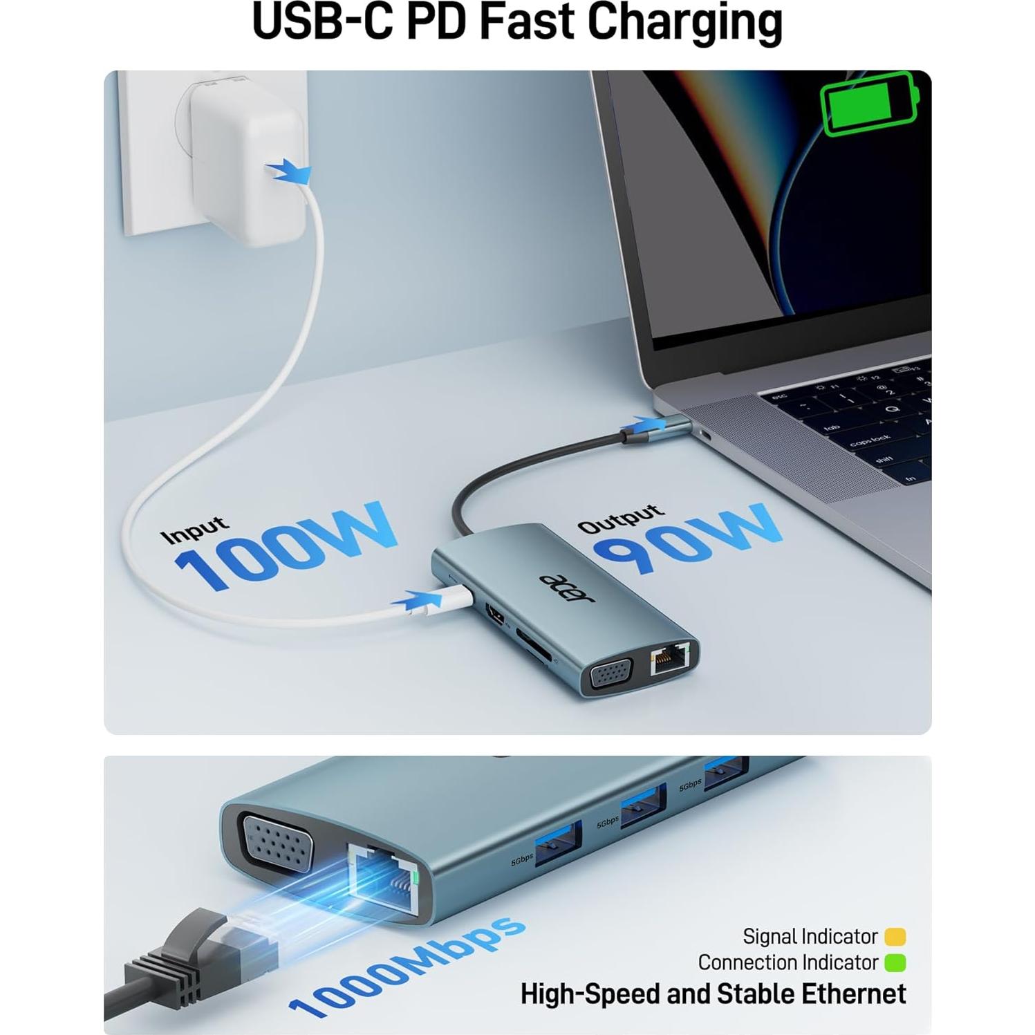 Hub USB C Acer ODK390 9-en-1 HDMI 4K y Ethernet