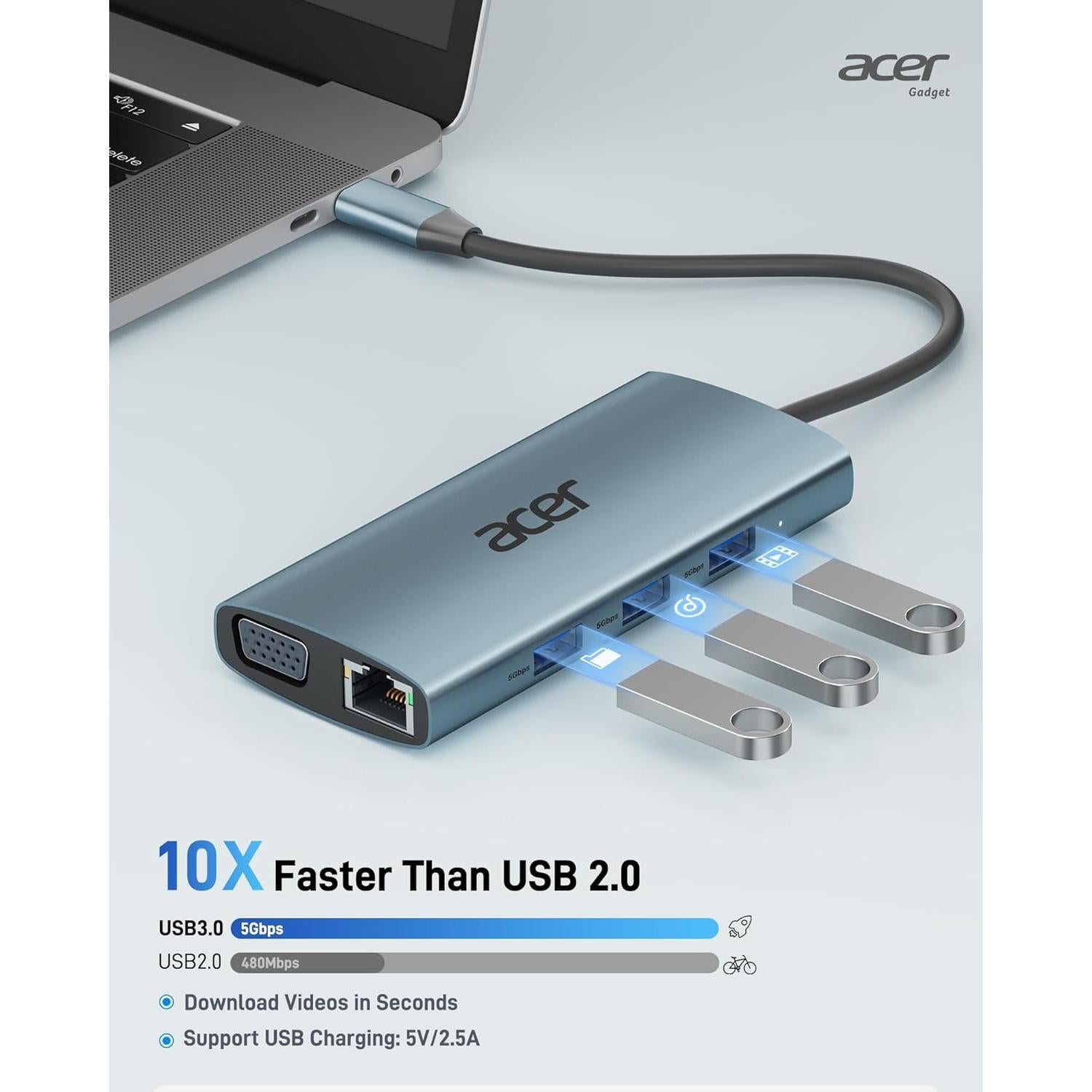 Hub USB C Acer ODK390 9-en-1 HDMI 4K y Ethernet