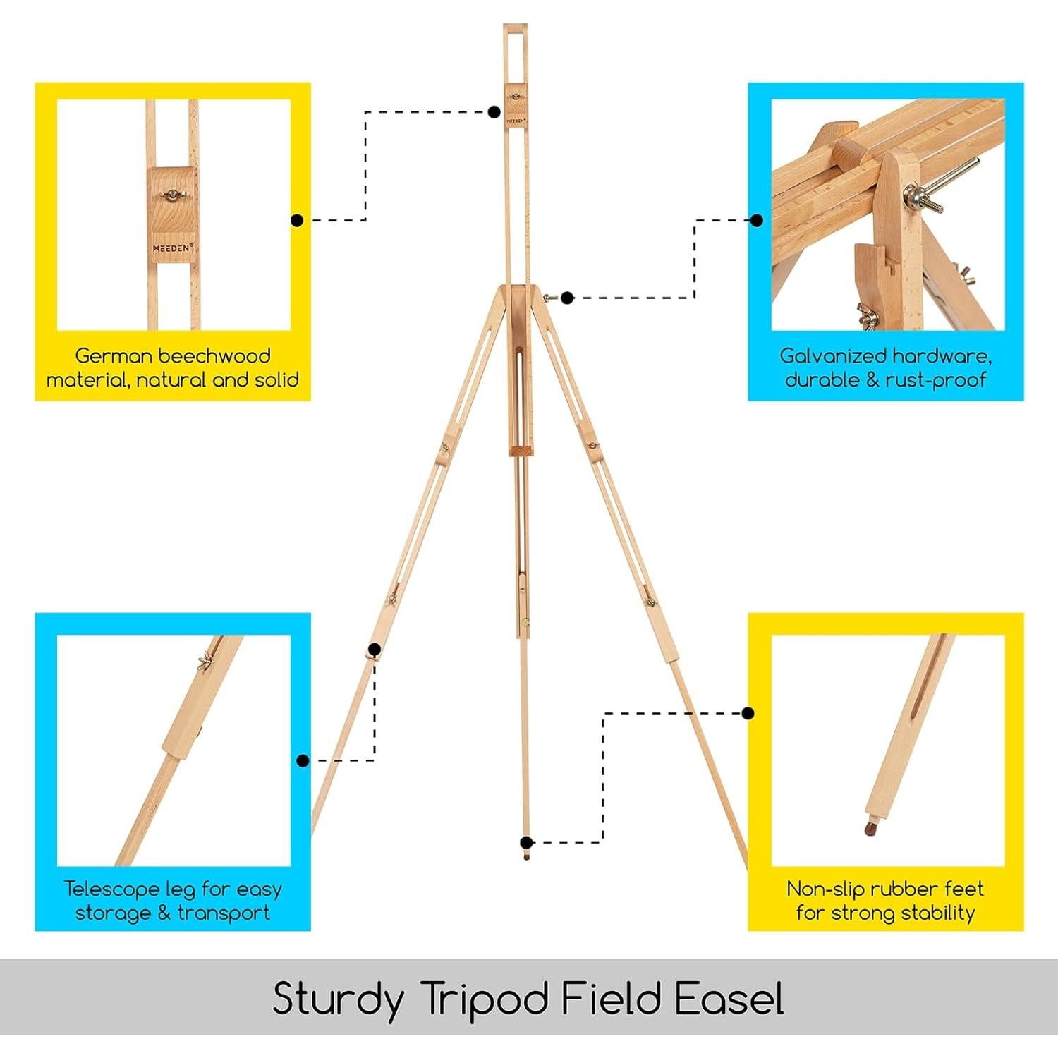 Caballete de Pintura MEEDEN de Campo con Trípode y Funda - Madera de Haya, Soporta Lienzos de hasta 86.36 cm