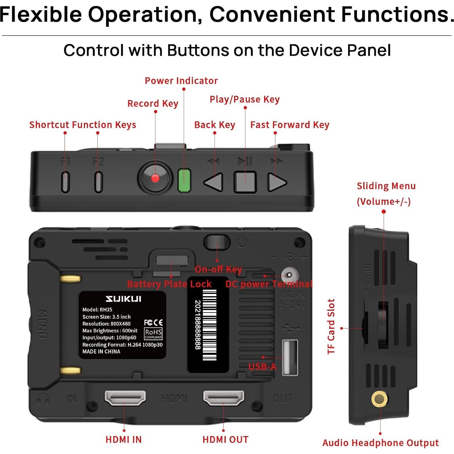 Monitor de Cámara SUIKUI RH35 3.5" 1080P Grabación Full HD