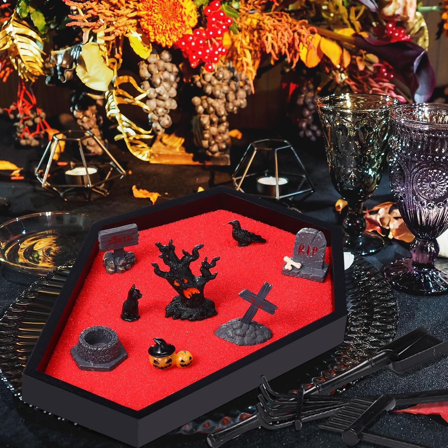 Coffin Zen Garden Kit 7" x 9" Mini Zen Garden for Desk Goth Desks Decor Coffin Tray Red Sand Figures Tools Spooky Goth Gifts for Man Women(Ghost)