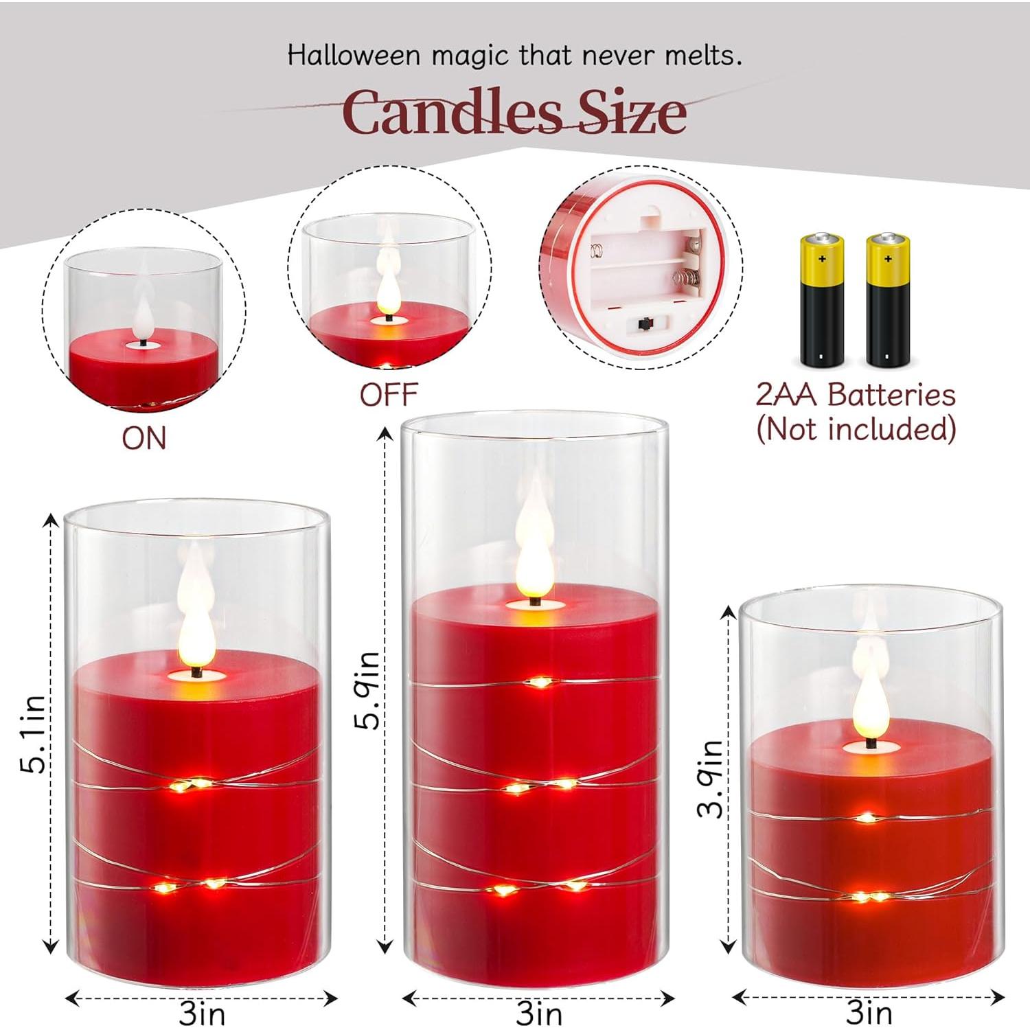 Set de 3 Velas LED Sin Llama Rojo con Control Remoto y Cuerda de Estrellas